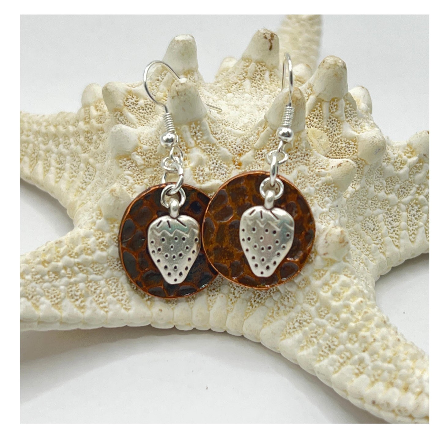 Strawberry Charm Dangle Earrings – Hammered Copper & Silver Disc, Whimsical Fruit Jewelry Gift