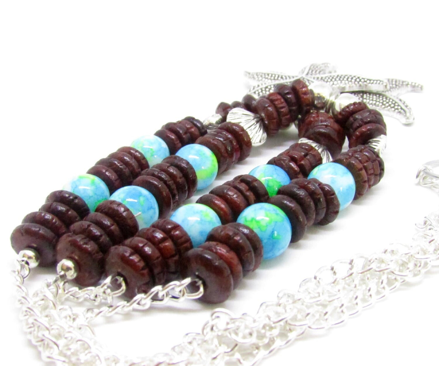 Starfish Curtain Tiebacks – Rustic Wood Bead & Sea Blue Nautical Beach Home Decor (Set of 2)
