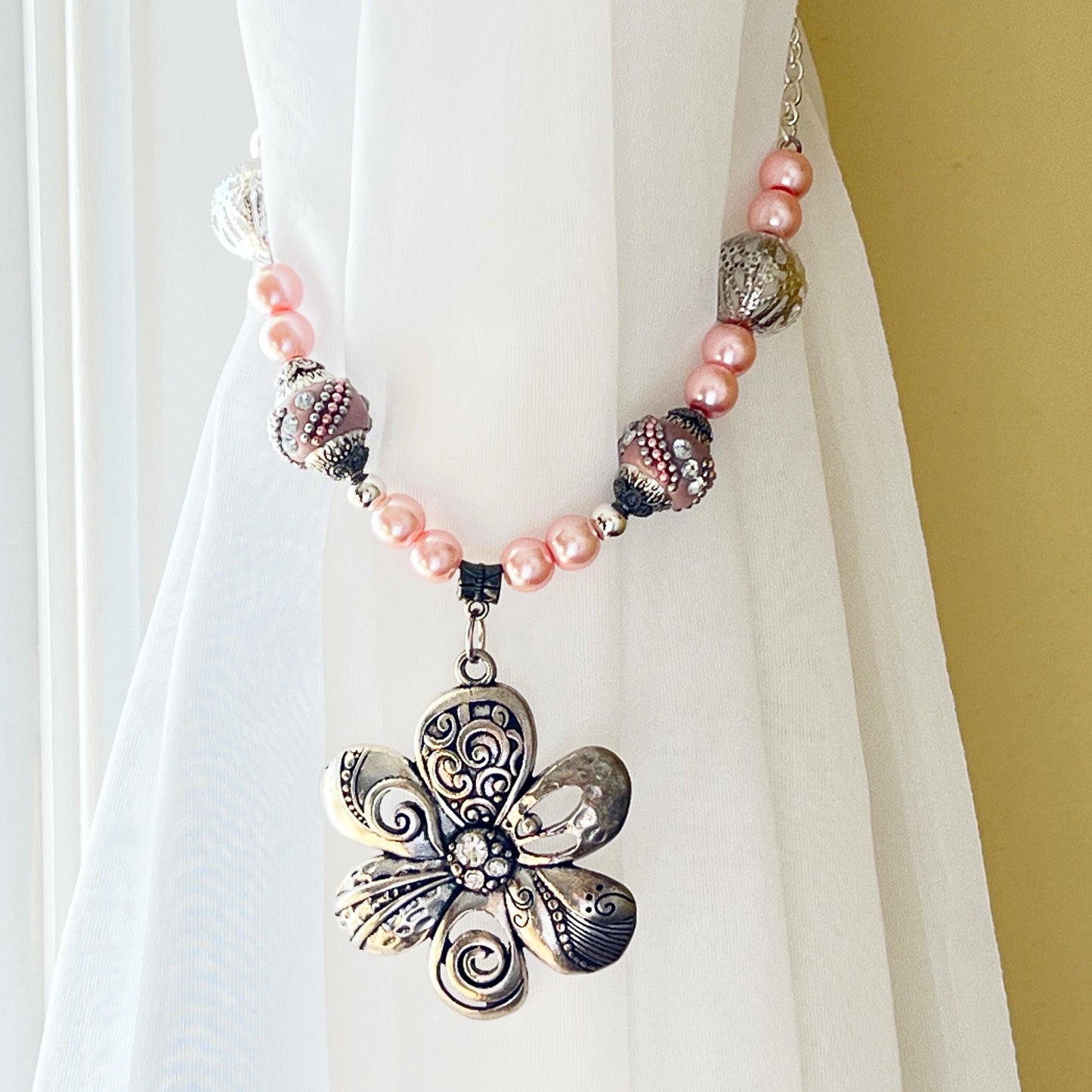 Pink Crystal Flower Curtain Tiebacks – Shabby Chic Beaded Drapery, Girls Room & Romantic Decor Set of 2