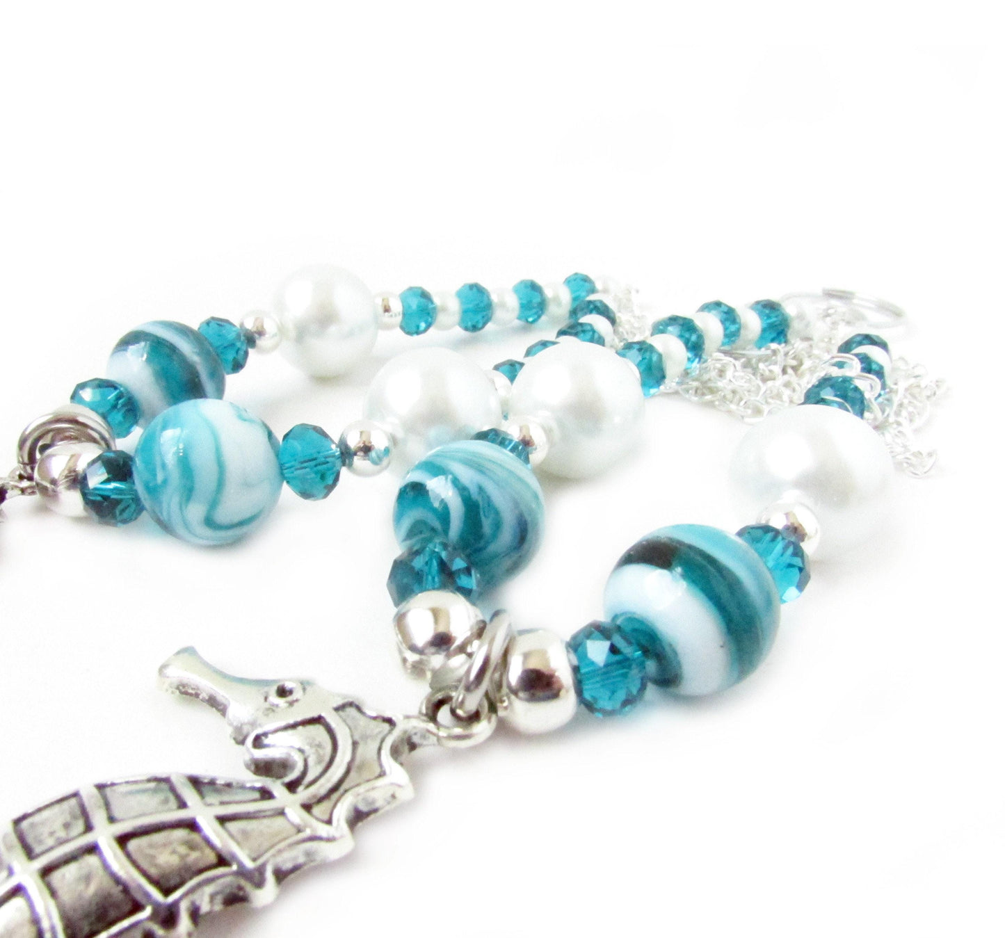 Seahorse Curtain Tiebacks – Teal Crystal Beaded Beach Cottage Chic Decor, Set of 2
