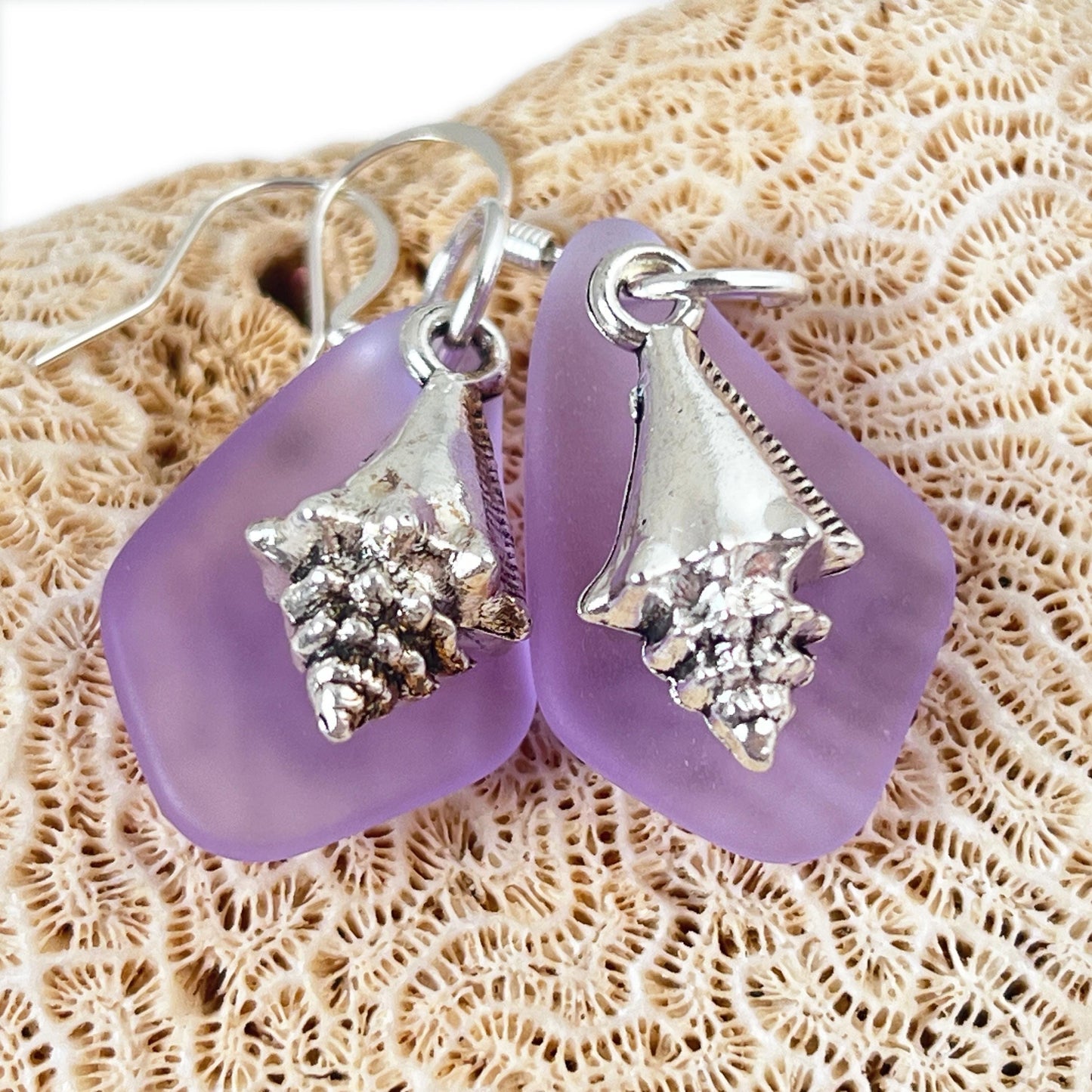 Sea Glass & Seashell Earrings – Purple or Blue Coastal Drop Jewelry, Handmade Beach Gift