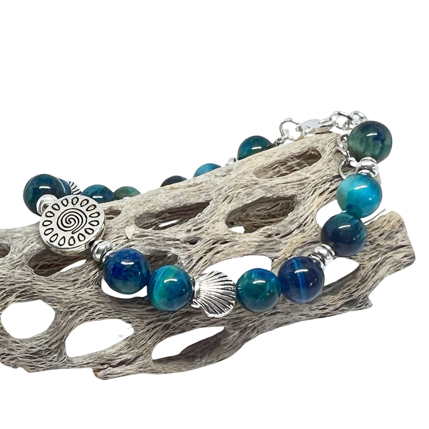 Blue Tiger Eye & Shell Bracelet – Gemstone Coastal Jewelry, Courage & Clarity Gift for Her