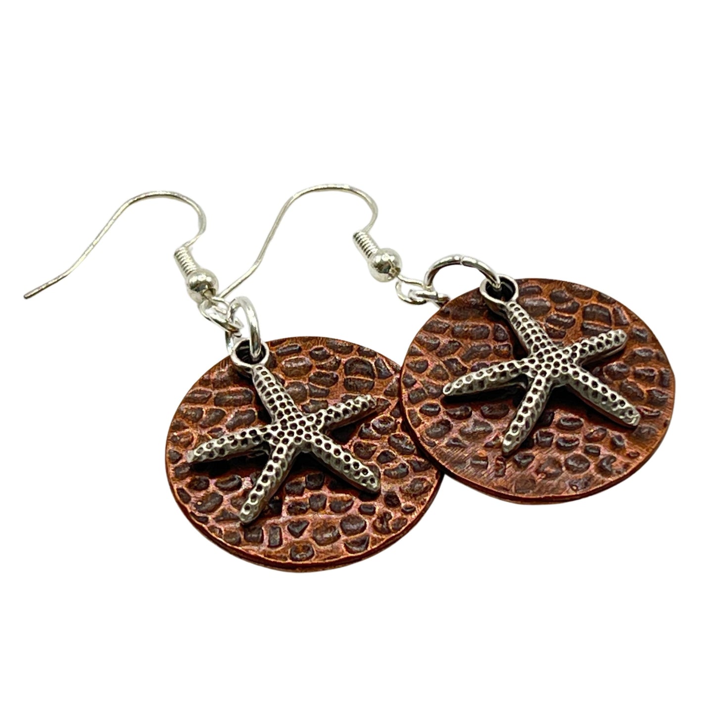Starfish Hammered Copper Dangle Earrings – Rustic Boho Beach Jewelry Gift