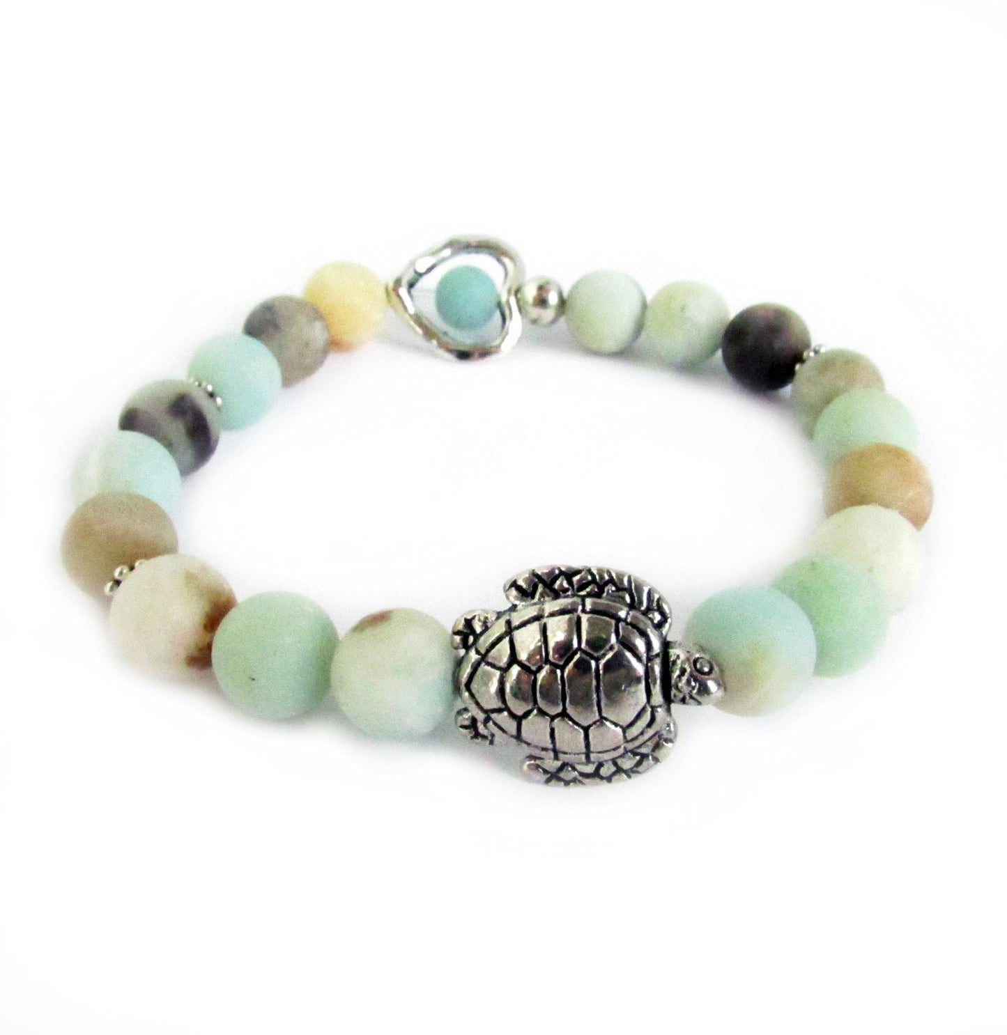 Sea Turtle Charm Bracelet – Amazonite Stone & Heart Bead, Handmade Coastal Jewelry Gift