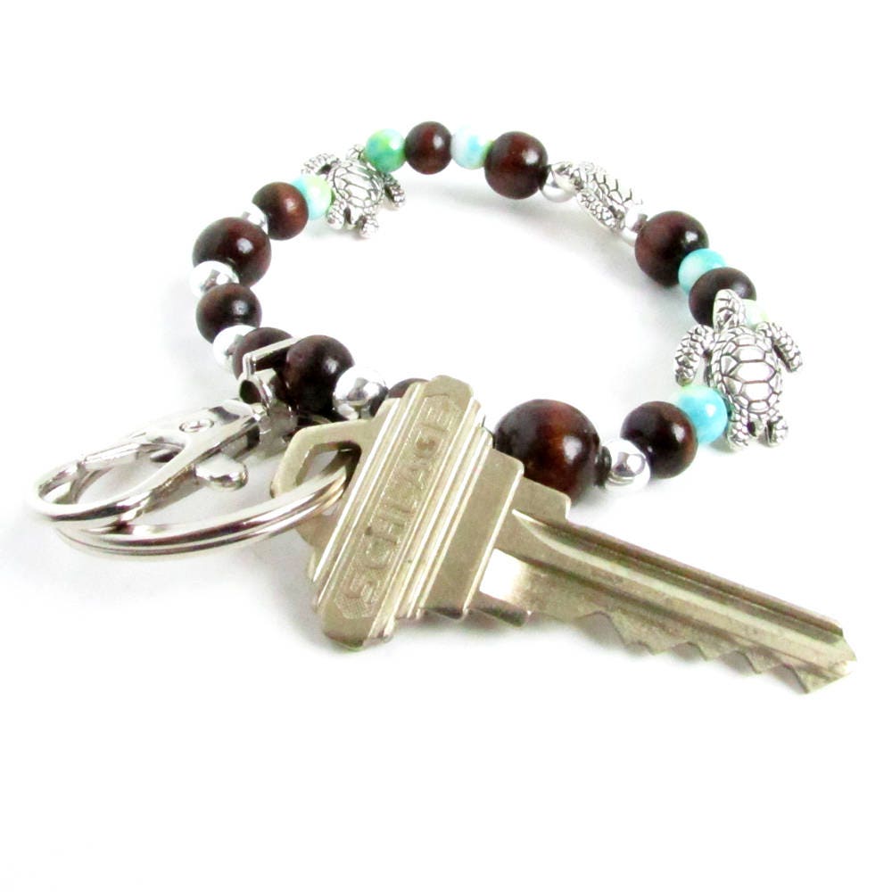 Aqua Beaded Keychain Bracelet – Shell Charm Wristlet Keyring, Coastal Beach Gift for Her
