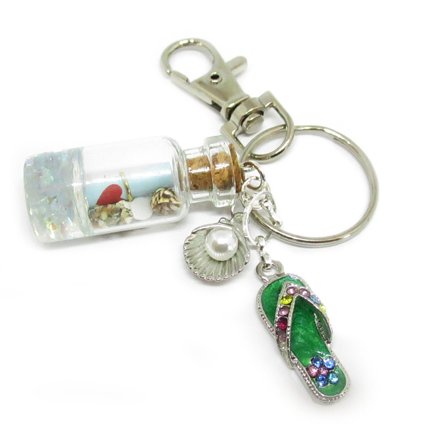 Beach Bottle Keychain – Rhinestone Flip Flop Charm with Sand & Shells, Coastal Gift for Her