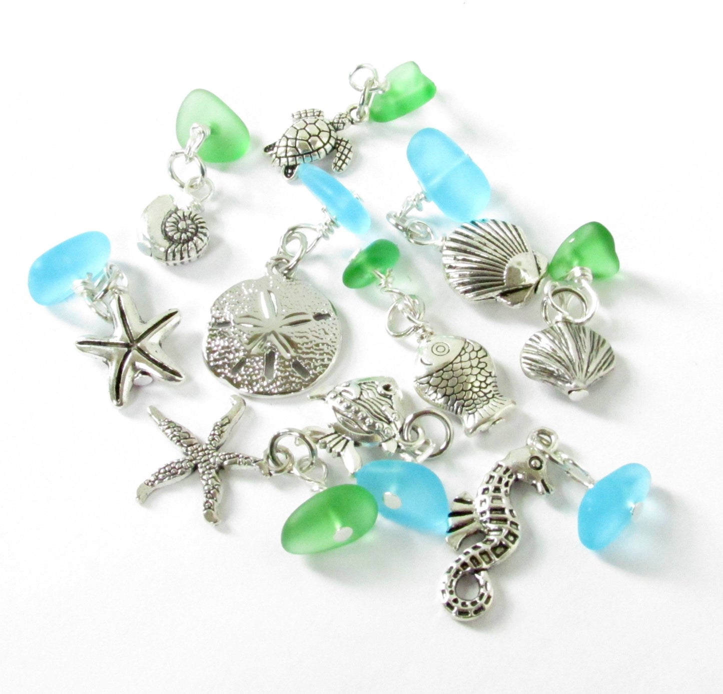 Sea Glass Wine Charm Set – Nautical Beach Charms with Starfish, Turtle & Shell, Set of 10