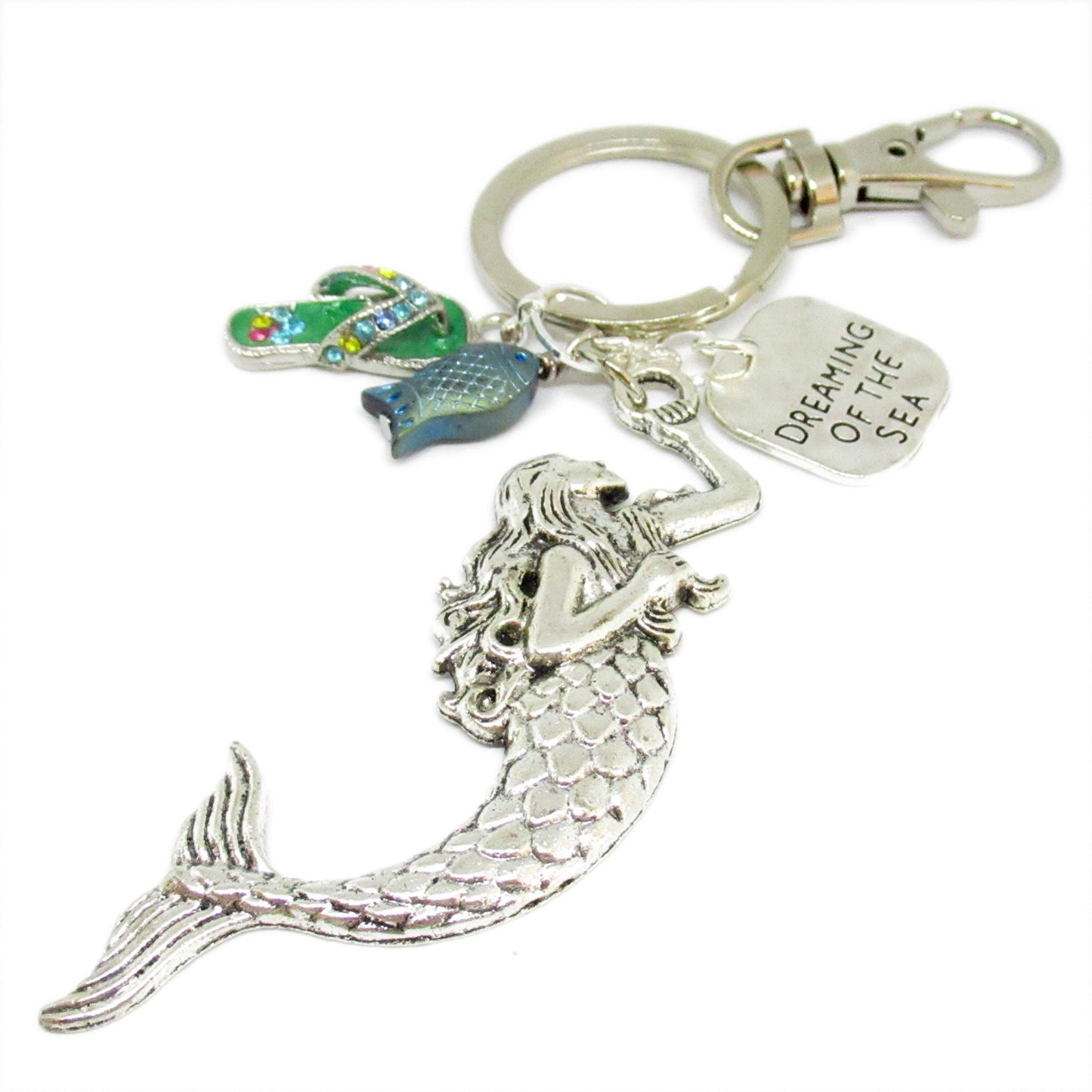 Mermaid Keychain – Enamel Mermaid, Flip Flop & Glass Fish Bead, Nautical Beach Gift for Her