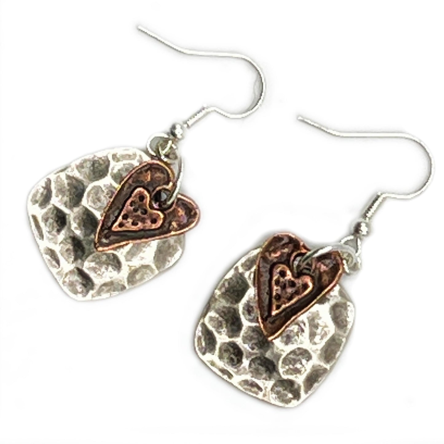 Boho Heart Drop Earrings – Hammered Silver with Copper Detail, Rustic Handmade Jewelry Gift