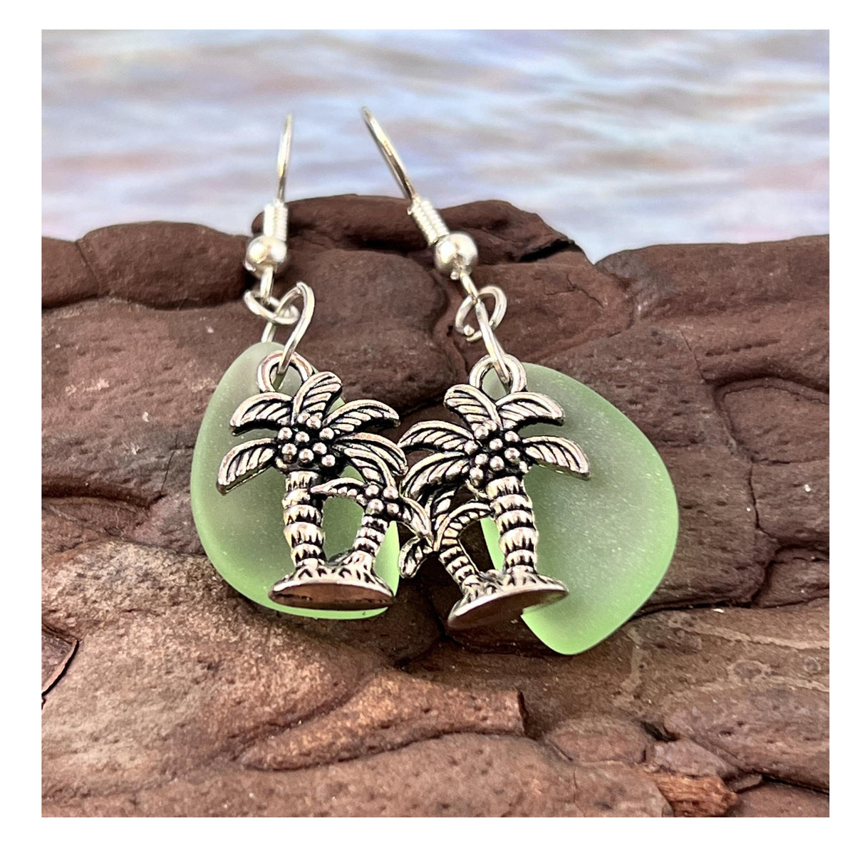 Palm Tree Dangle Earrings - Sea Glass Beach Jewelry