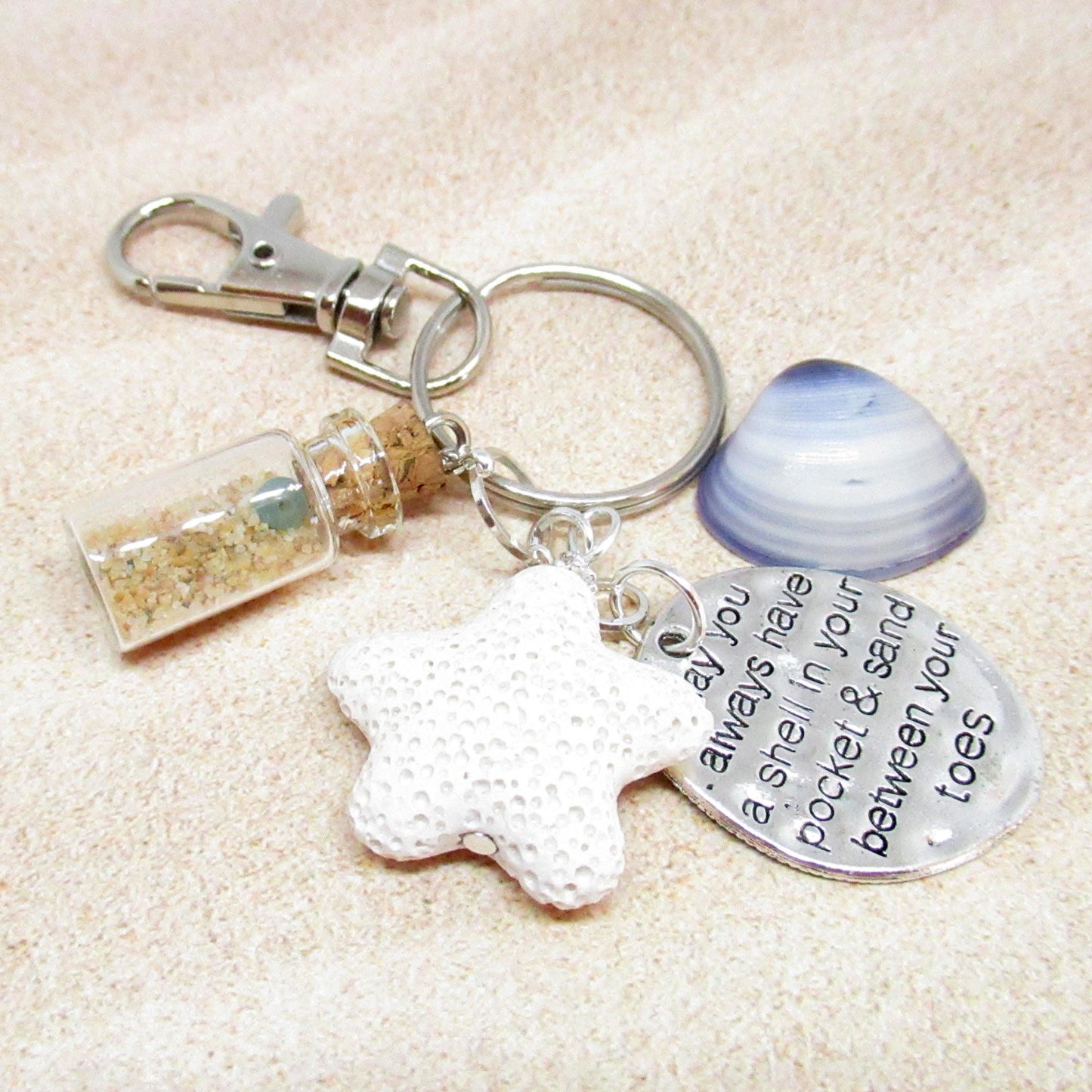 Beach Bottle Keychain – Sand Vial, Starfish Charm & Inspirational Quote, Coastal Ocean Gift