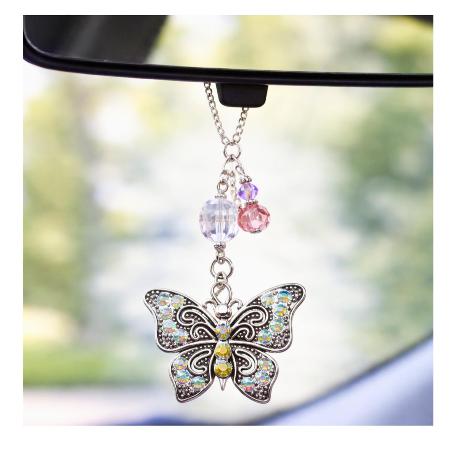 Butterfly Car Charm – Rhinestone Rear View Mirror Sun Catcher, Sparkling Handmade Gift for Her