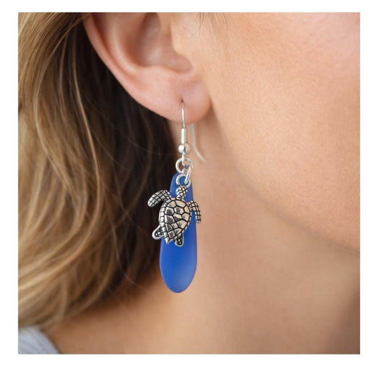 Sea Turtle Sea Glass Earrings – Cobalt Blue Handmade Ocean Jewelry