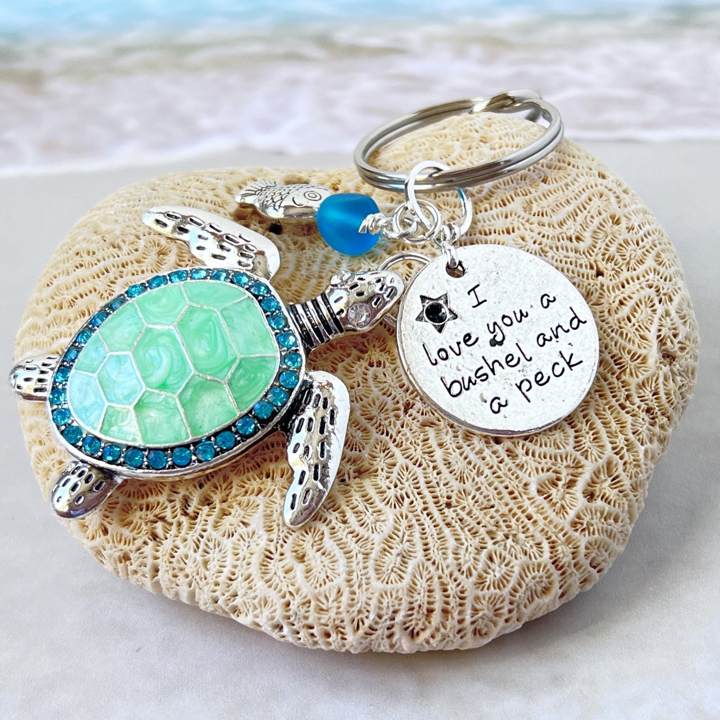 Sea Turtle Keychain with Love Quote Charm – Enamel Ocean Purse Charm & Nautical Keyring Gift
