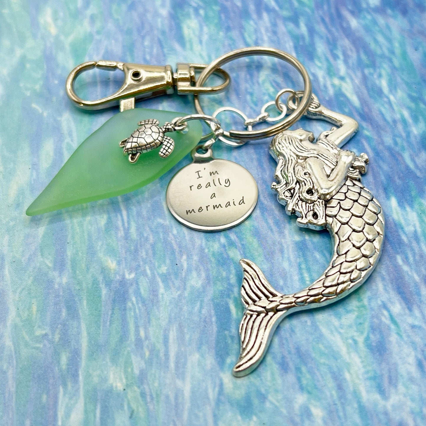 Mermaid Keychain – Sea Glass Charm in Blue or Green, Beach Gift for Women (Keychain or Car Charm)