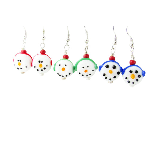 Adorable snowman dangle earrings with earmuffs, affordable Christmas gift under 10 for her