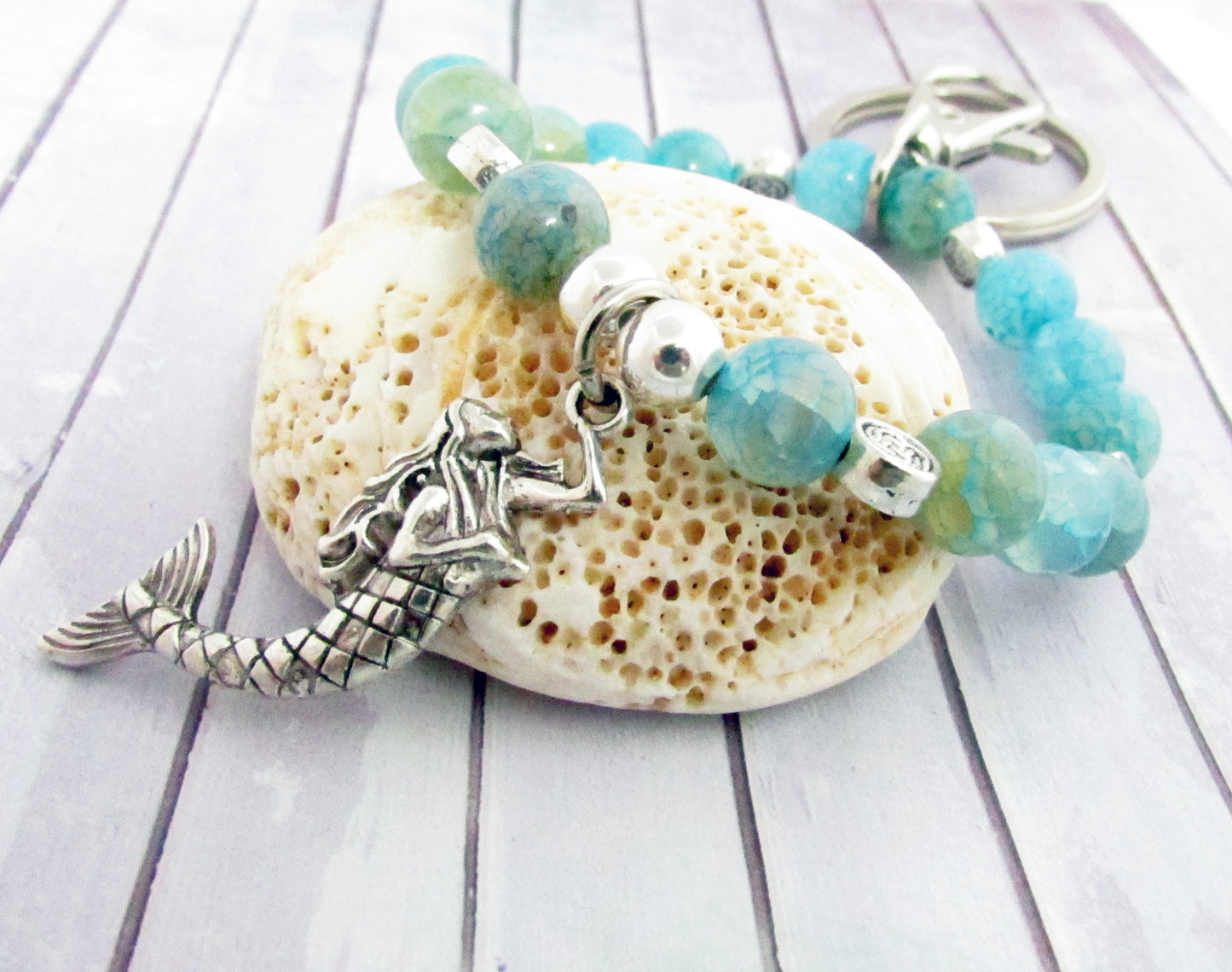 Mermaid Keychain Bracelet – Aqua Bead Elastic Wristlet, Stylish Coastal Hands-Free Keyring