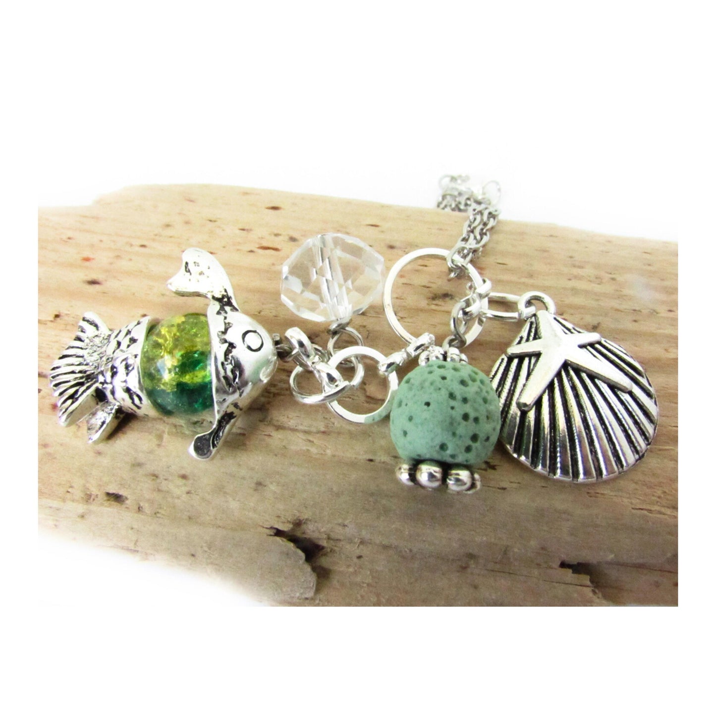 Tropical Car Diffuser Charm – Green Lava Bead & Fish Rearview Mirror Charm, Aromatherapy Car Accessory