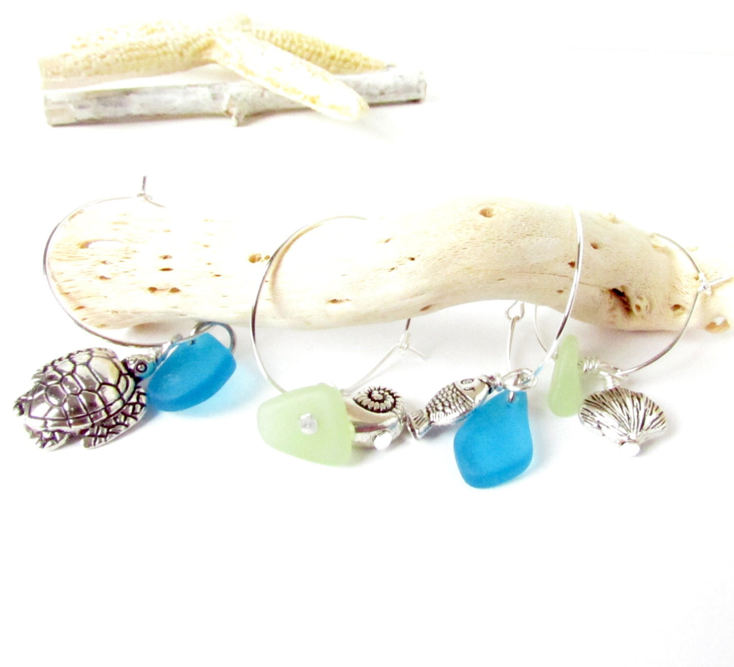 Beach Wine Charms – Sea Glass & Shell Set of 4, Coastal Hostess Gift for Wine Lovers
