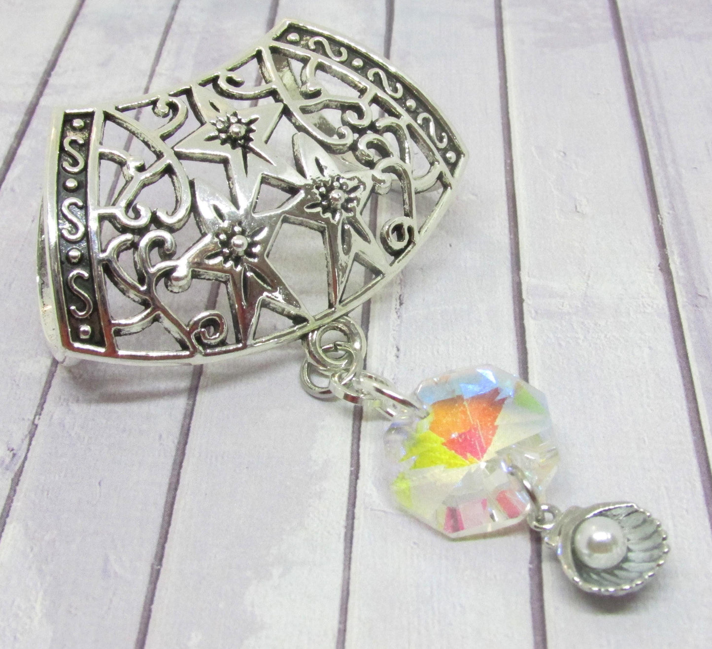 Seashell Scarf Pendant Slide – Silver Shell with Pearl Accent, Beach Scarf Jewelry