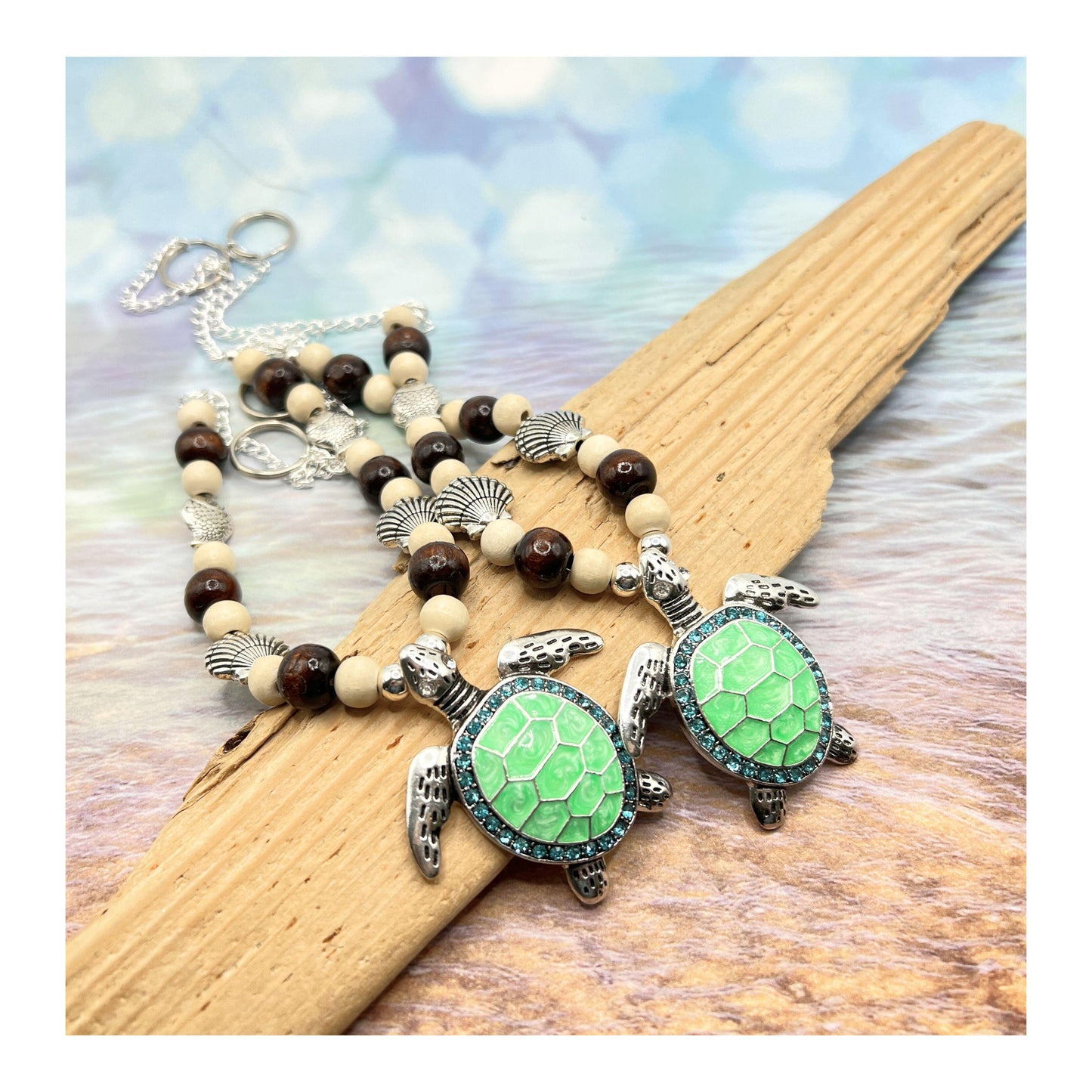 Sea Turtle Curtain Tiebacks – Wood Bead & Shell Coastal Beach Home Decor, Handmade Set of 2