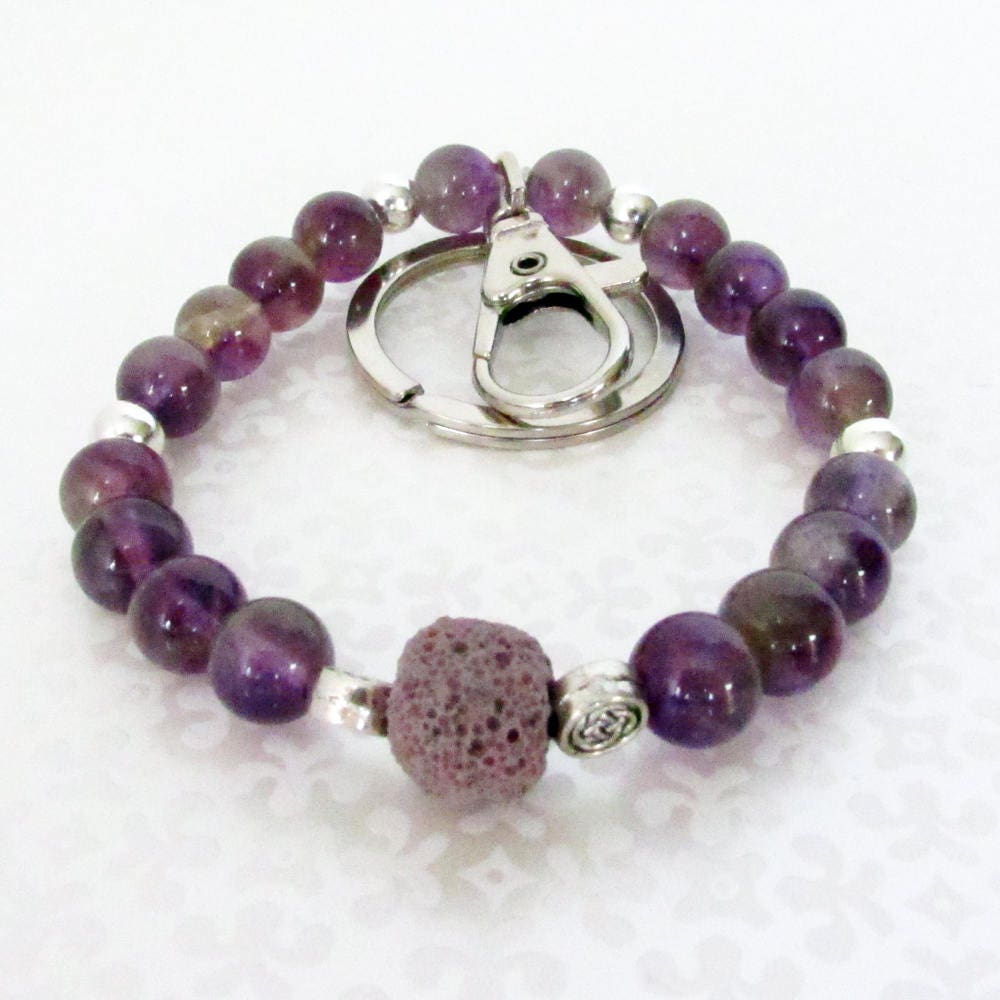 Purple Keychain Bracelet – Aromatherapy Lava Bead Wristlet, Boho Yoga & Zen Gift for Her