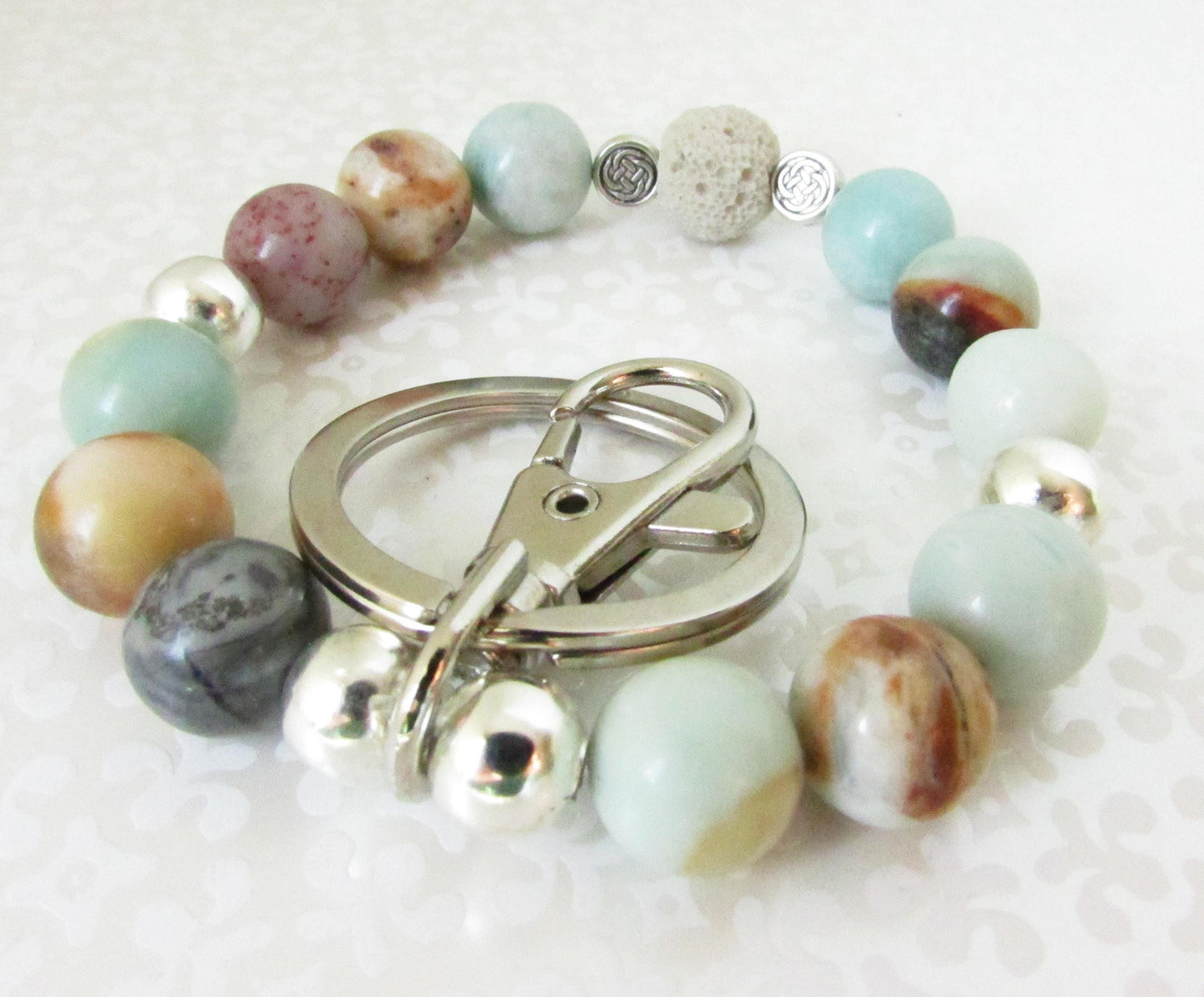 Amazonite Bracelet Keychain – Essential Oil Diffuser Wristlet Lanyard, Coastal Beach Gift