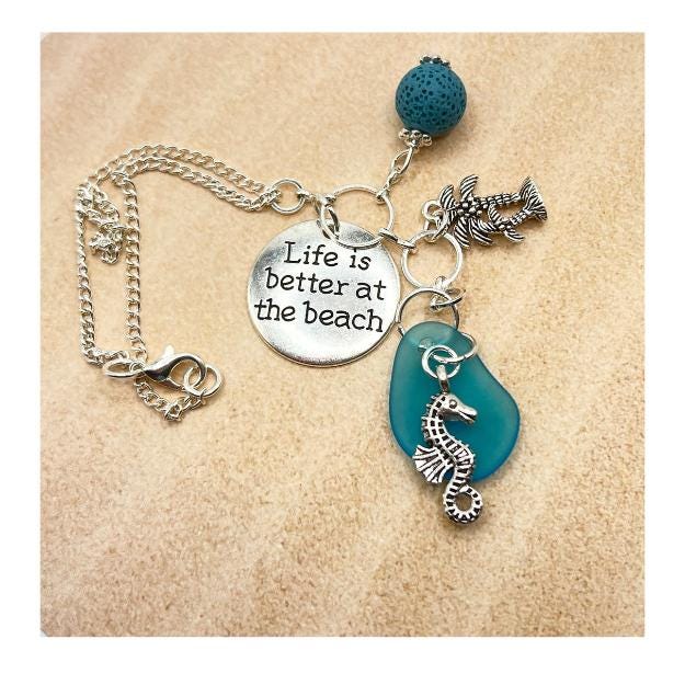 Sea Glass Rear View Mirror Charm – Tropical Beach Car Accessory with Sand Dollar & Sea Turtle