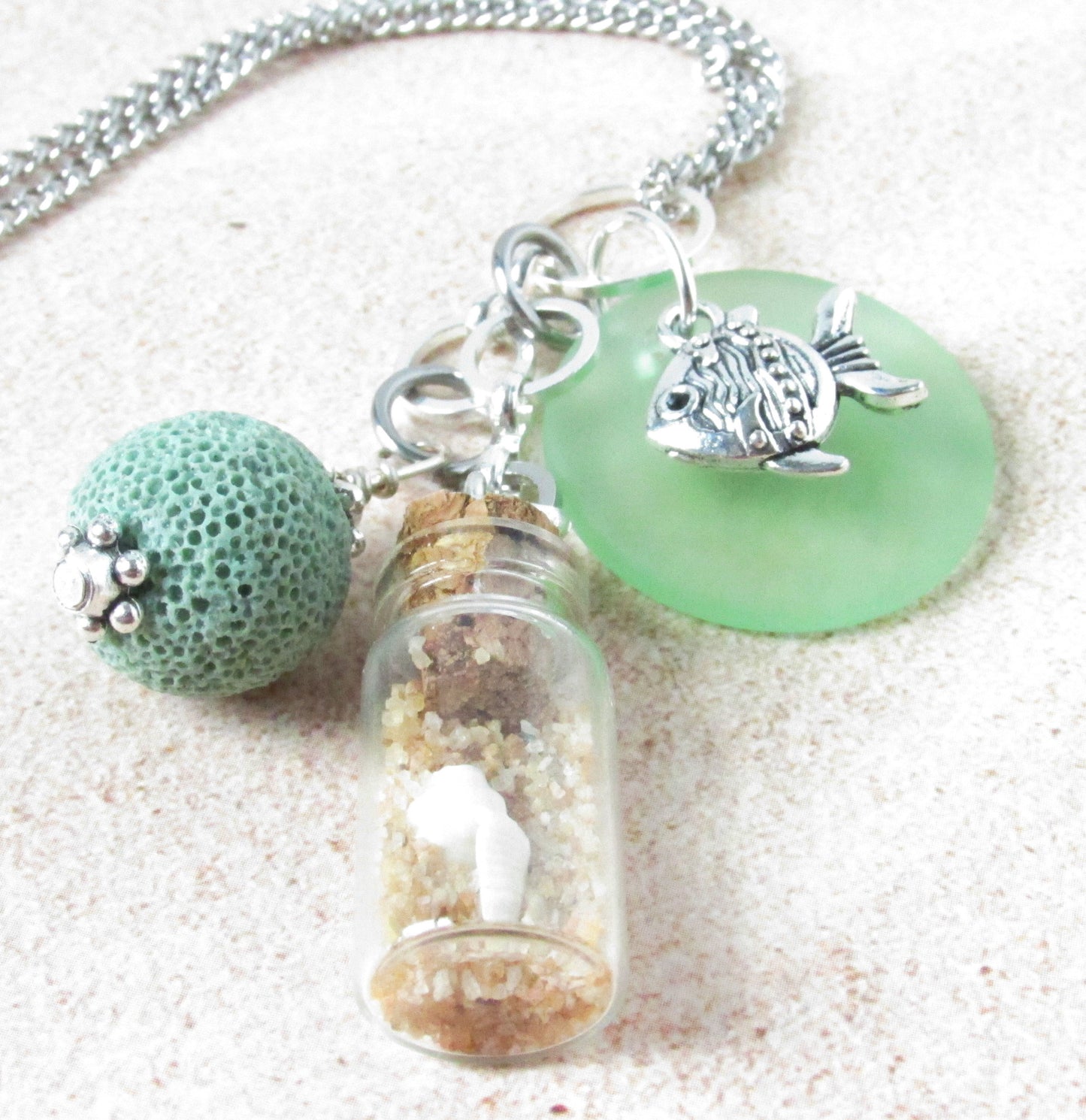 Sea Glass Car Charm – Beach Bottle & Fish Charm Rear View Mirror Diffuser, Coastal Ocean Gift