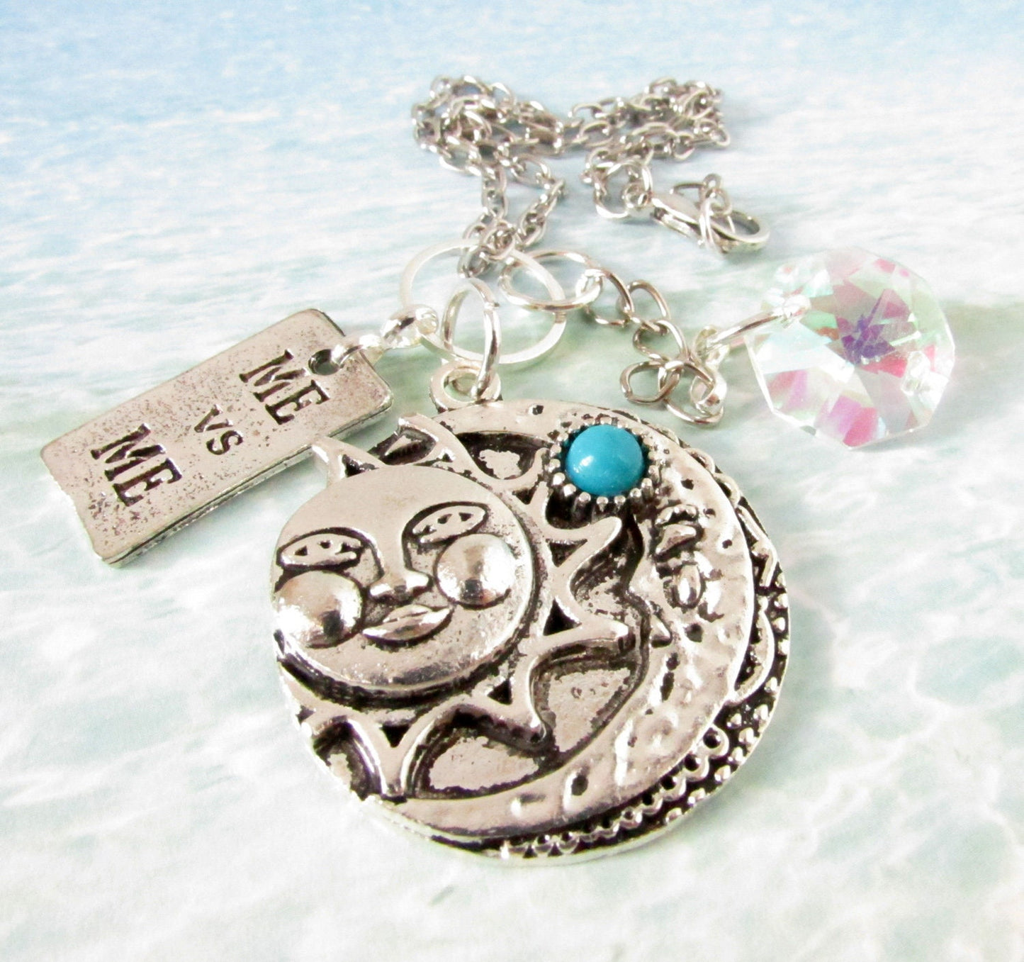 Celestial Car Charm – Sun Moon Rear View Mirror Charm with Crystal & Turquoise, Handmade Gift