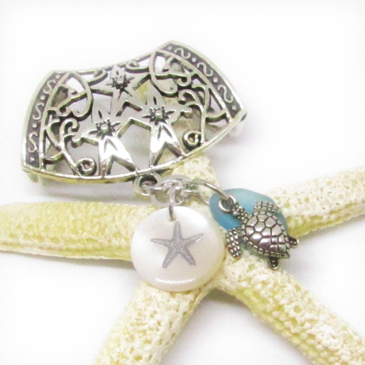 Seashell Scarf Slide – Sea Turtle, Starfish & Blue Sea Glass Coastal Scarf Jewelry