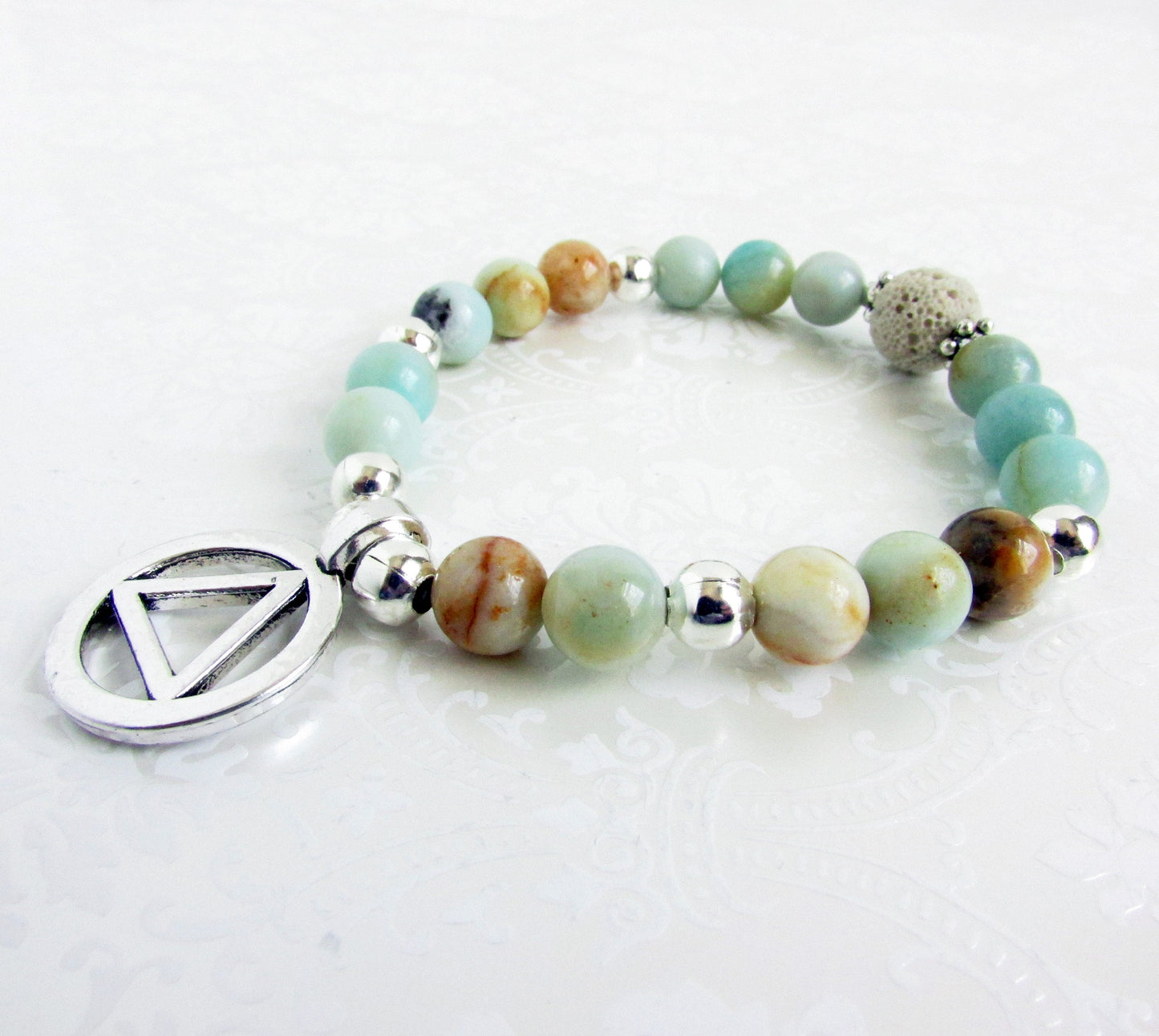 Sobriety Support Bracelet – Natural Amazonite & Lava Bead AA Jewelry, Recovery Gift (AA Symbol or Let Go Let God)
