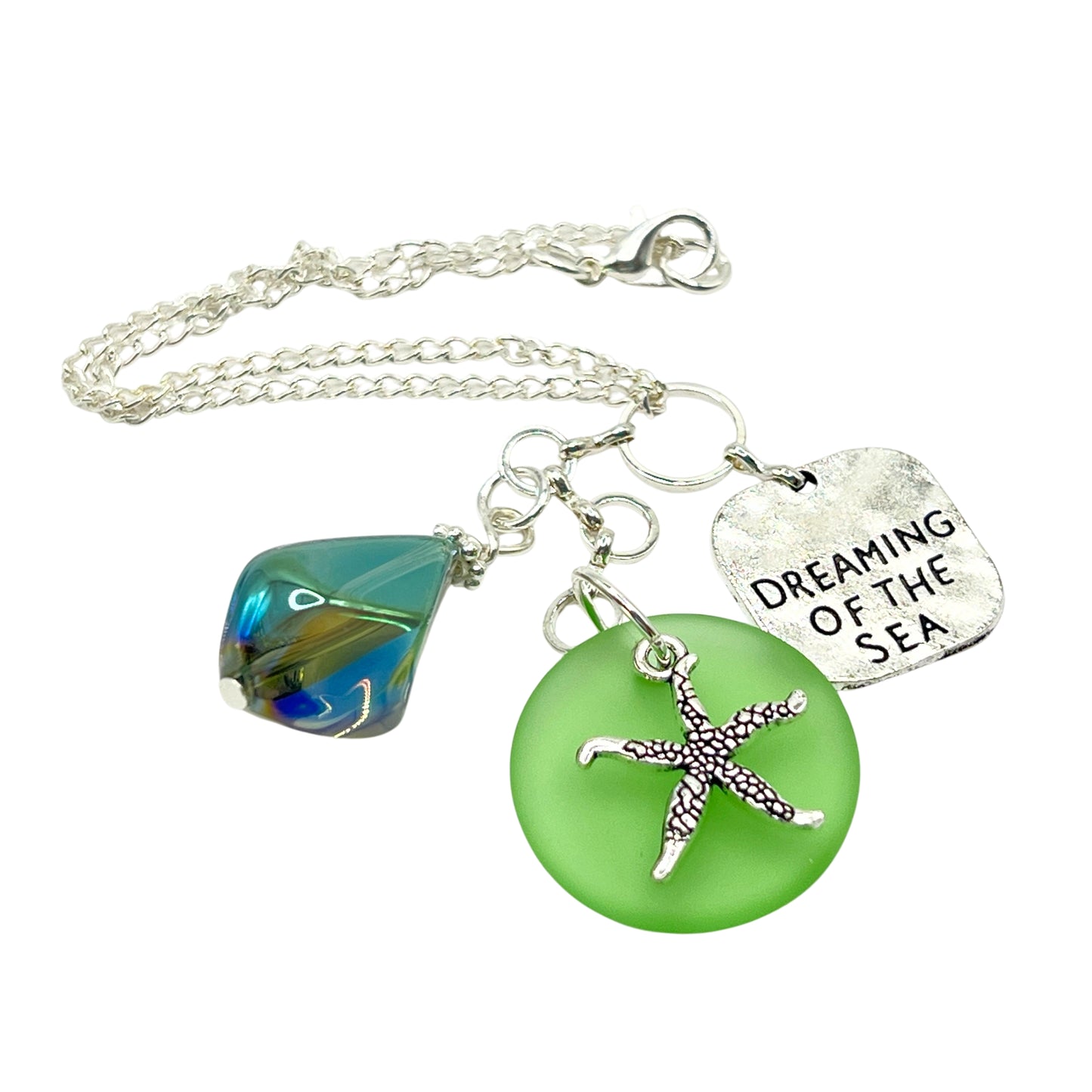 Starfish Car Charm – Sea Glass Rear View Mirror Ornament with Beach Quote