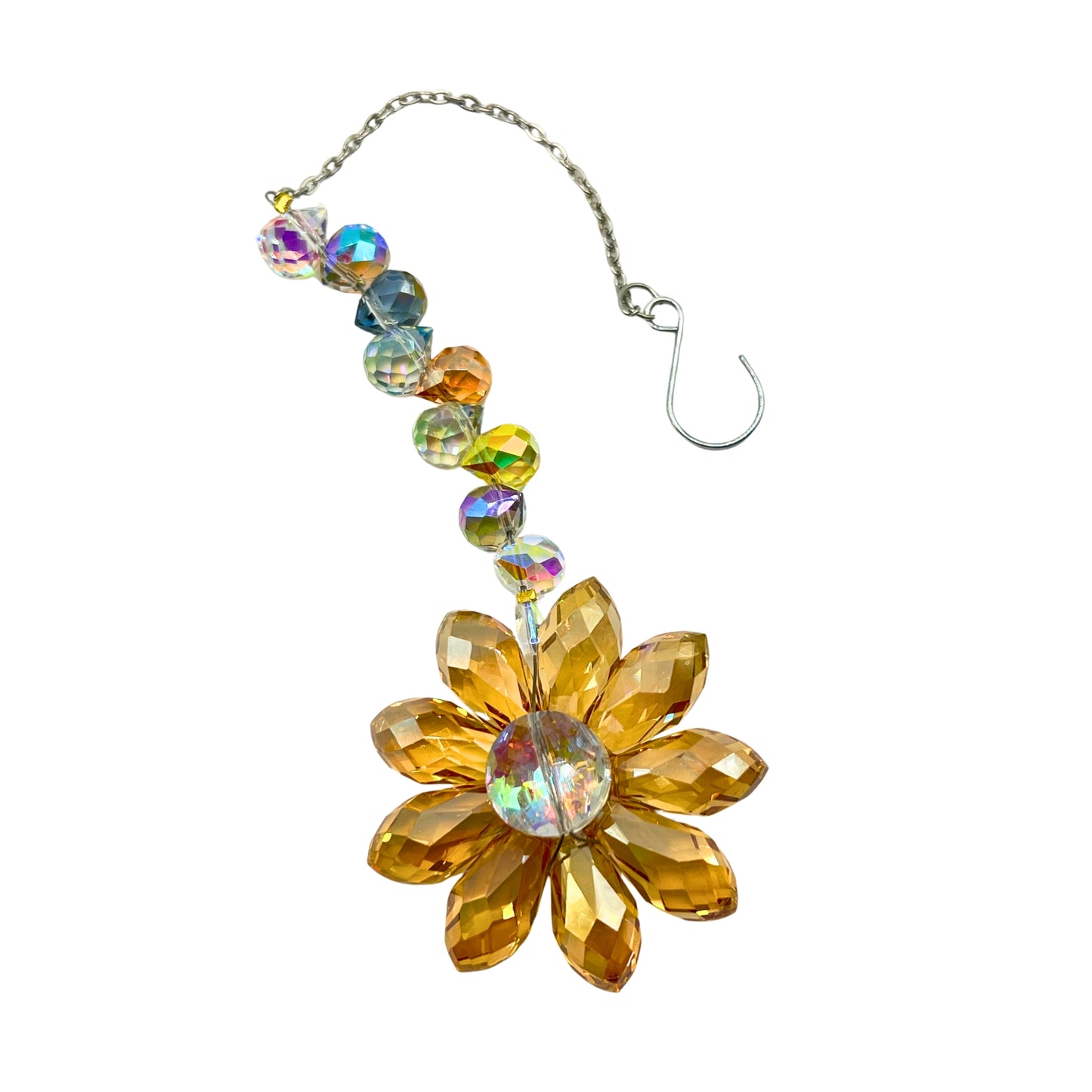 Crystal Flower Sun Catcher, Iridescent Glass Beads, Chain Hanging Decoration for Windows, Car Mirror Ornament