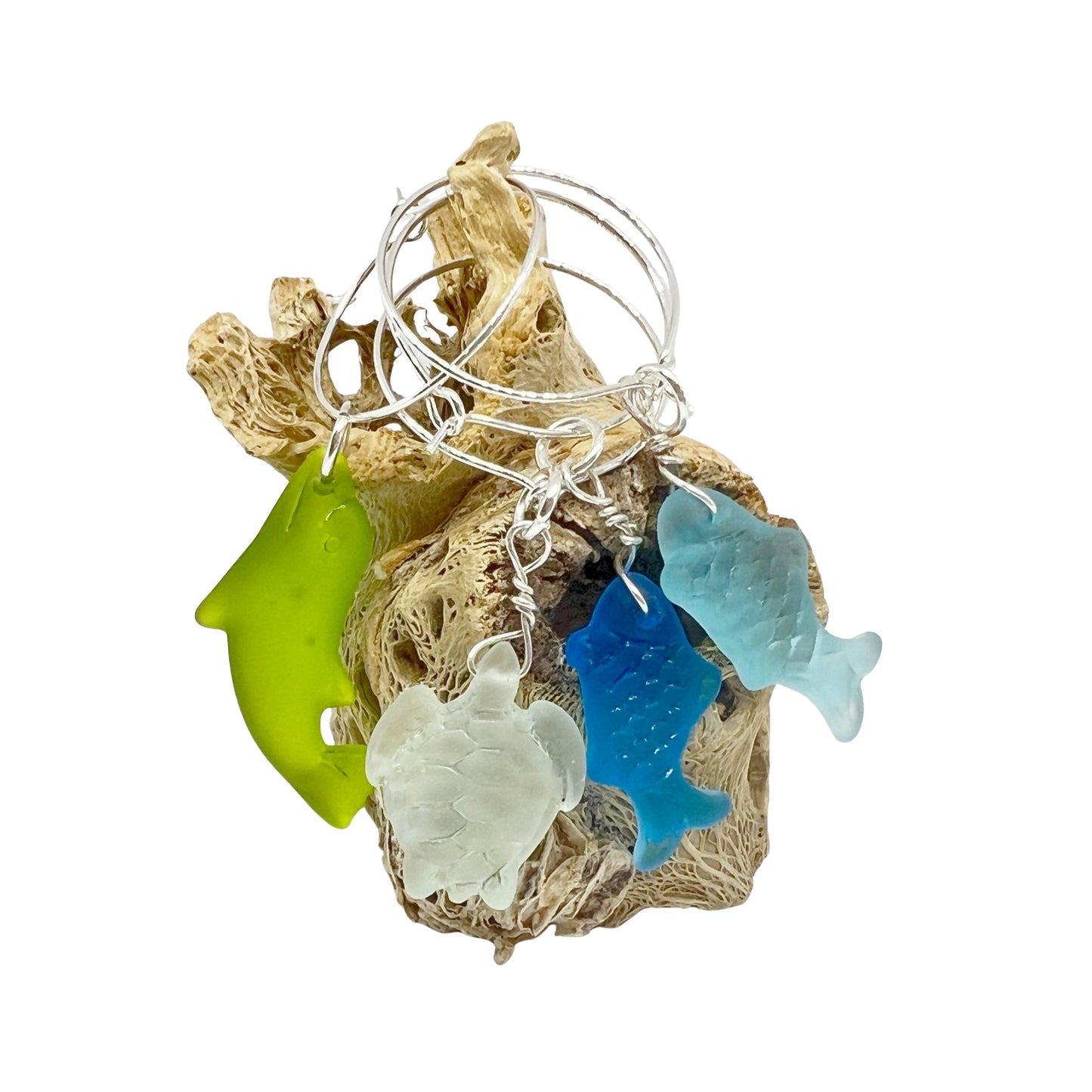Sea Glass Wine Glass Charms – Coastal Drink Markers, Beach Party Decor, Set of 4