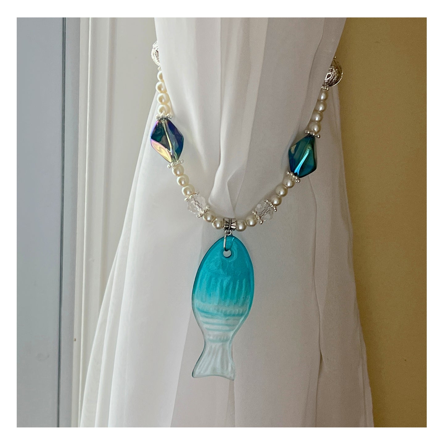 Fish Curtain Tiebacks – Pearl Bead & Glass Fish Pendant Coastal Home Decor, Handmade Set of 2