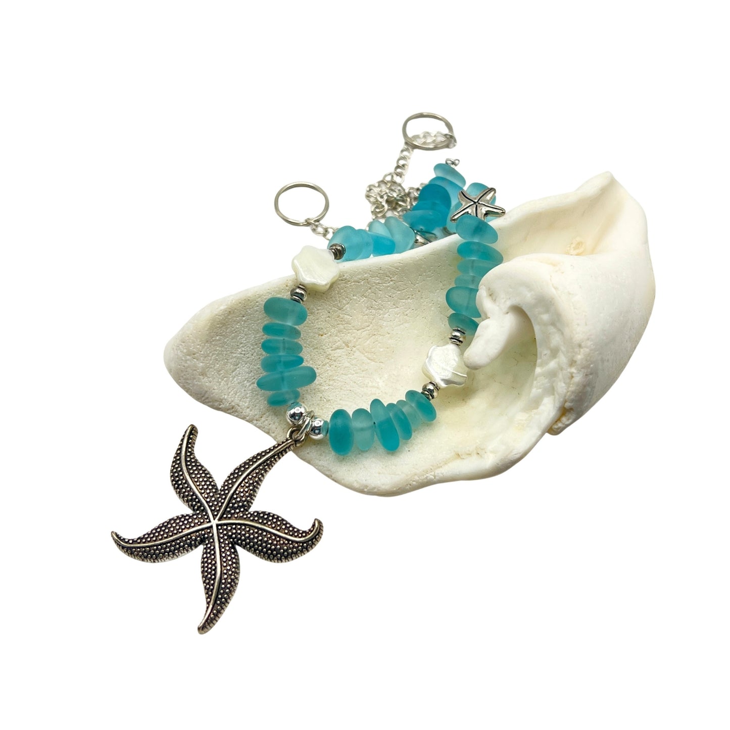 Starfish Curtain Tiebacks – Blue Sea Glass Beaded Coastal Beach Decor, Set of 2
