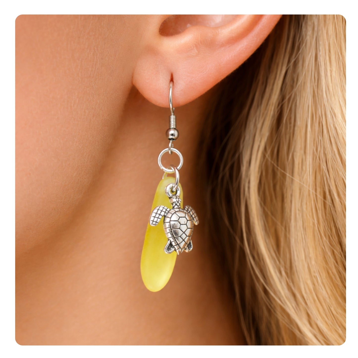Sea Glass Turtle Dangle Earrings – Beach Wedding Jewelry in Yellow or Blue, Coastal Gift