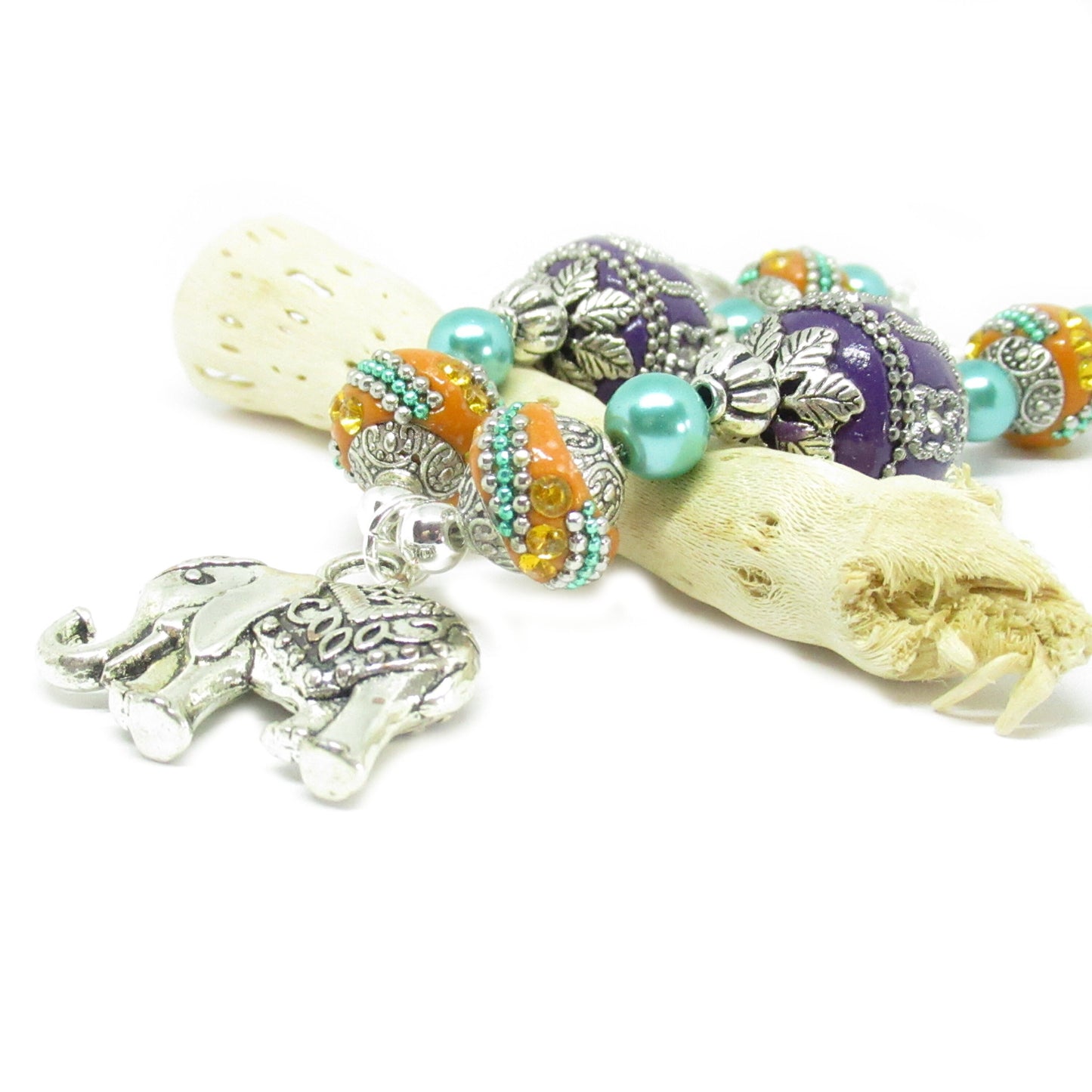 Elephant Curtain Tiebacks – Purple & Orange 3D Beaded Boho Drapery Holdbacks, Handmade Set of 2