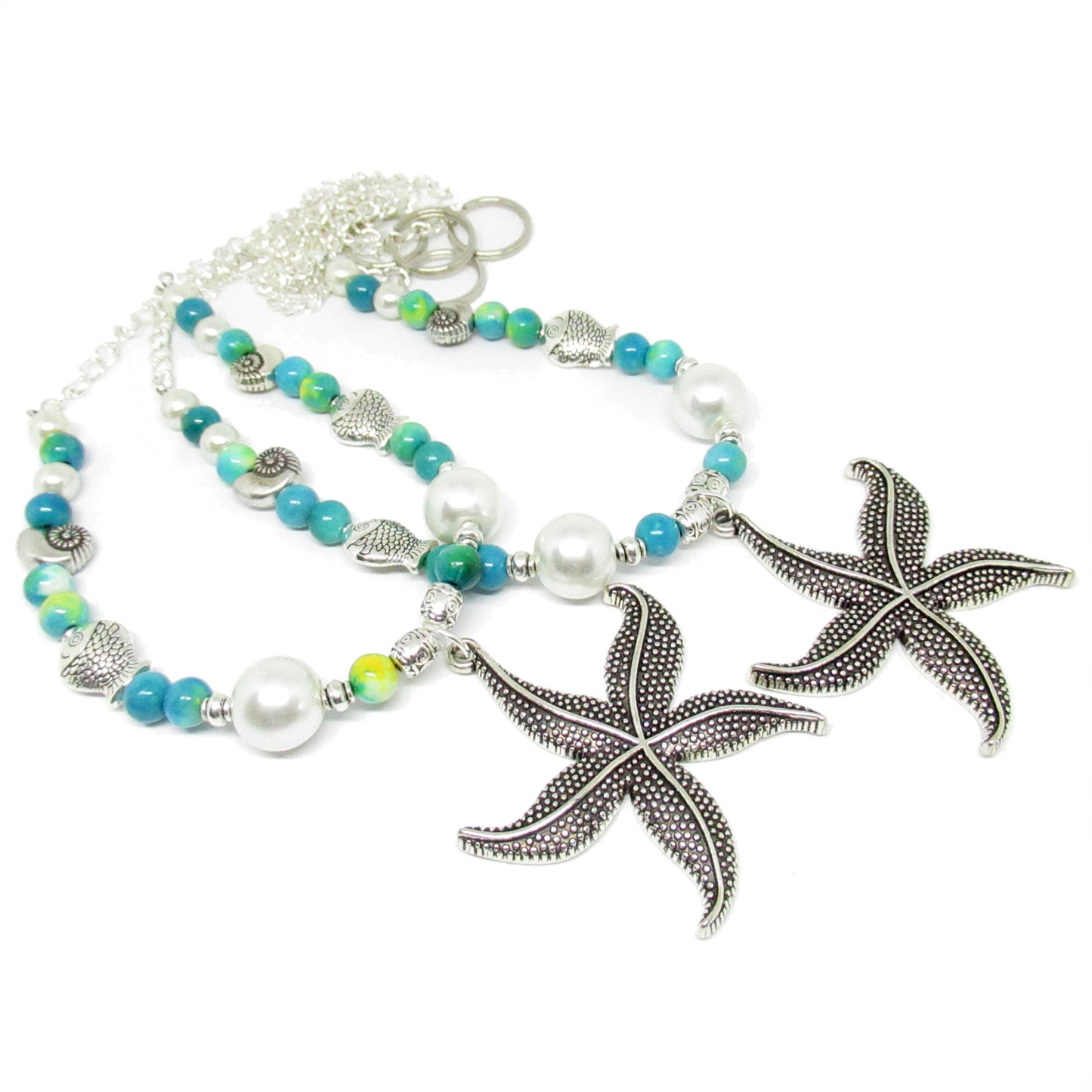 Starfish Curtain Tiebacks – Sea Blue & Green Beaded Nautical Beach Decor, Set of 2