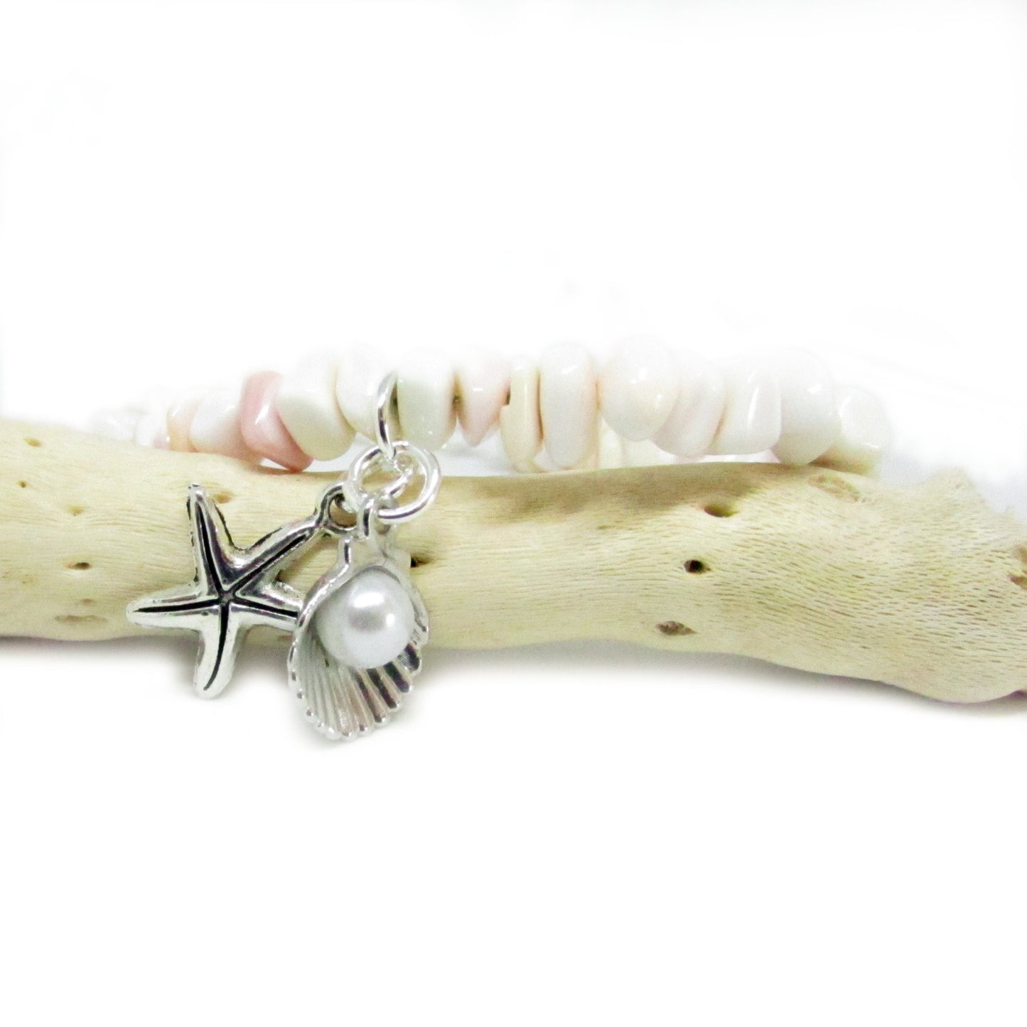 Pink Shell Bracelet – Starfish Charm & Pearl Beads, Natural Coastal Beach Jewelry for Her