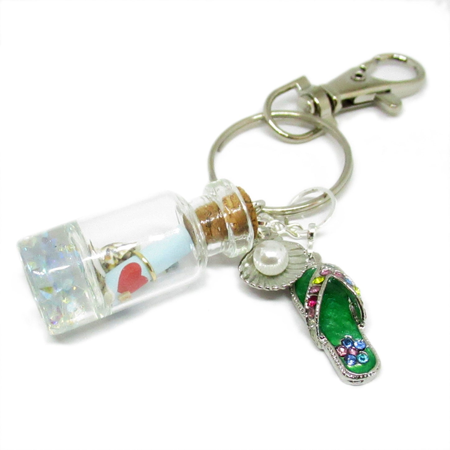 Beach Bottle Keychain – Rhinestone Flip Flop Charm with Sand & Shells, Coastal Gift for Her