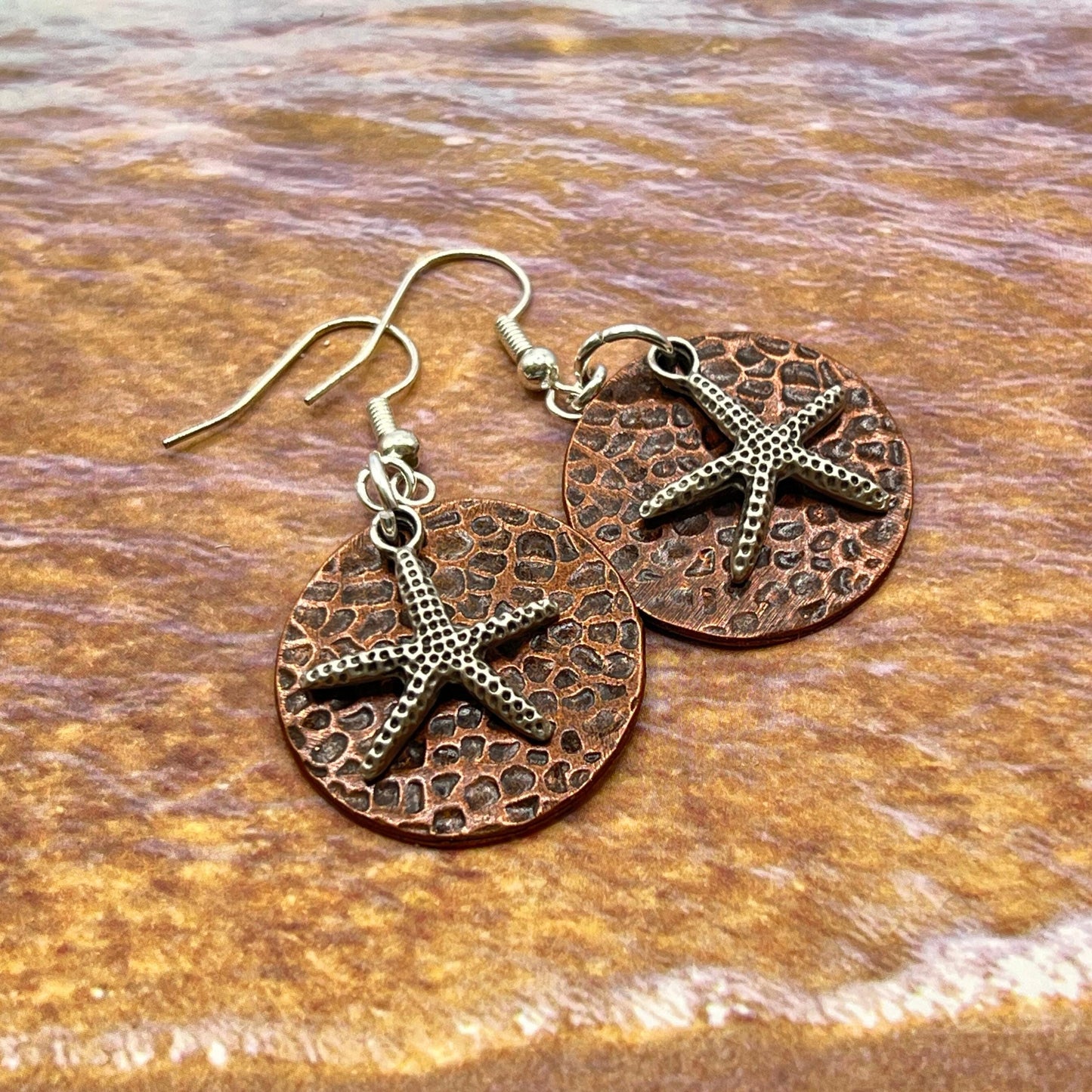 Starfish Hammered Copper Dangle Earrings – Rustic Boho Beach Jewelry Gift