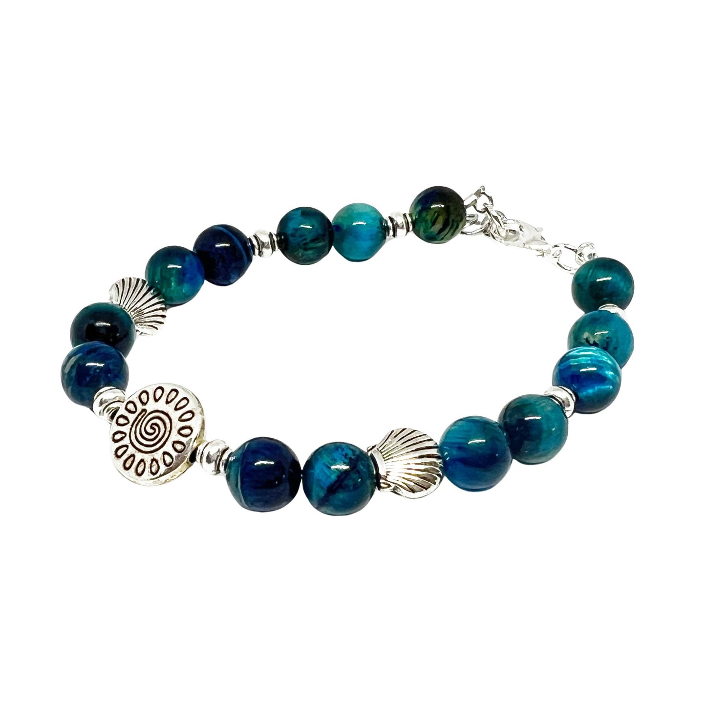 Blue Tiger Eye & Shell Bracelet – Gemstone Coastal Jewelry, Courage & Clarity Gift for Her