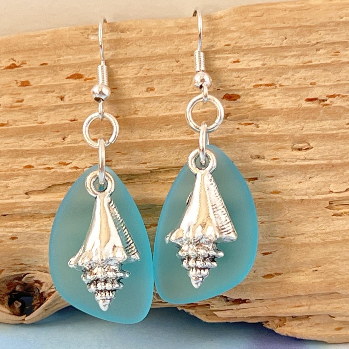 Sea Glass & Seashell Earrings – Purple or Blue Coastal Drop Jewelry, Handmade Beach Gift