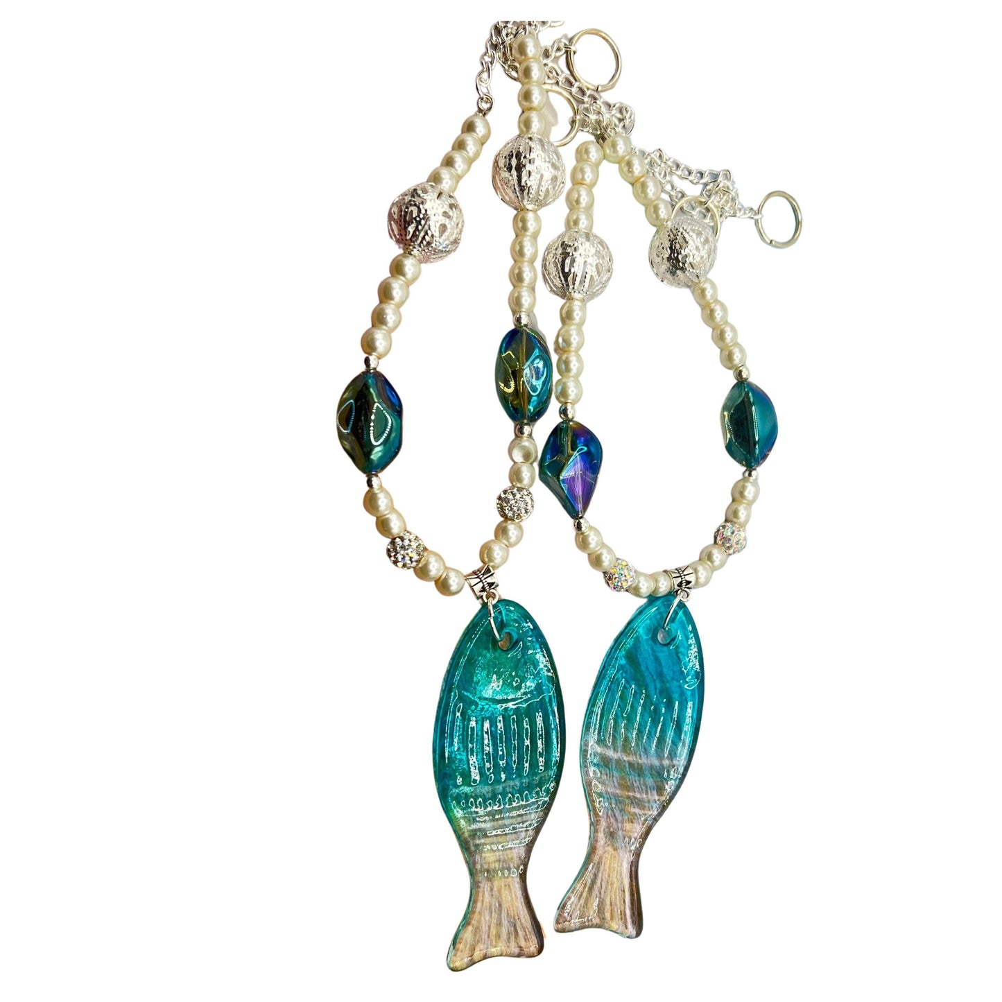 Fish Curtain Tiebacks – Pearl Bead & Glass Fish Pendant Coastal Home Decor, Handmade Set of 2