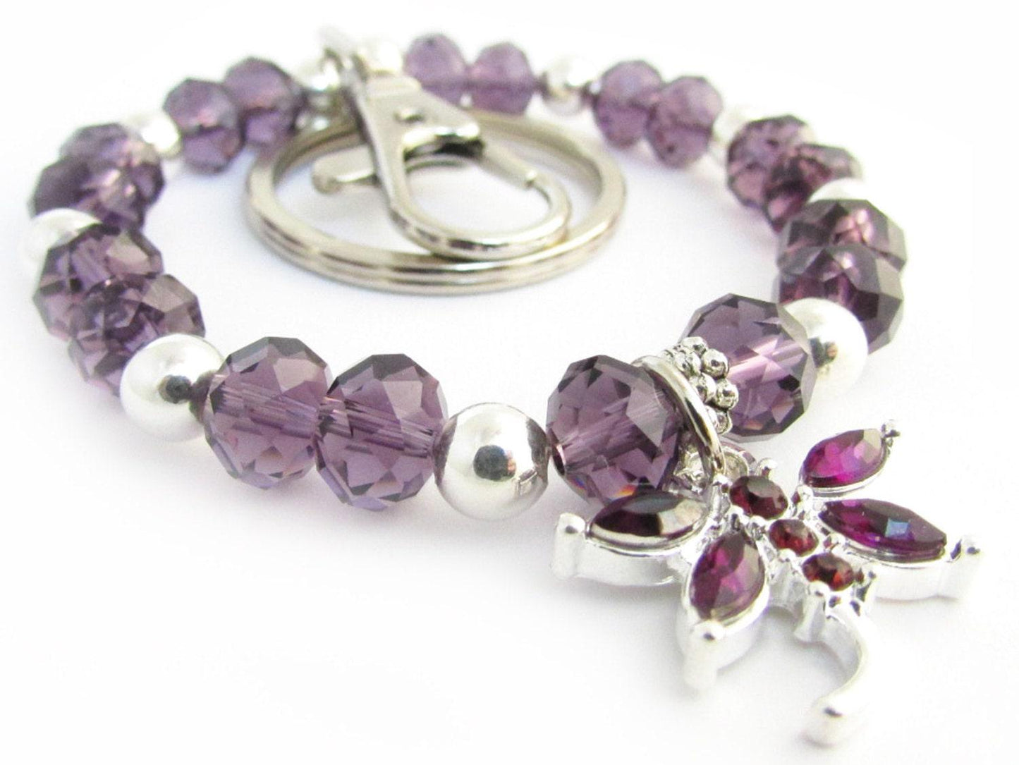 Purple Dragonfly Crystal Keychain Bracelet – Beaded Wrist Lanyard, Handmade Gift for Her