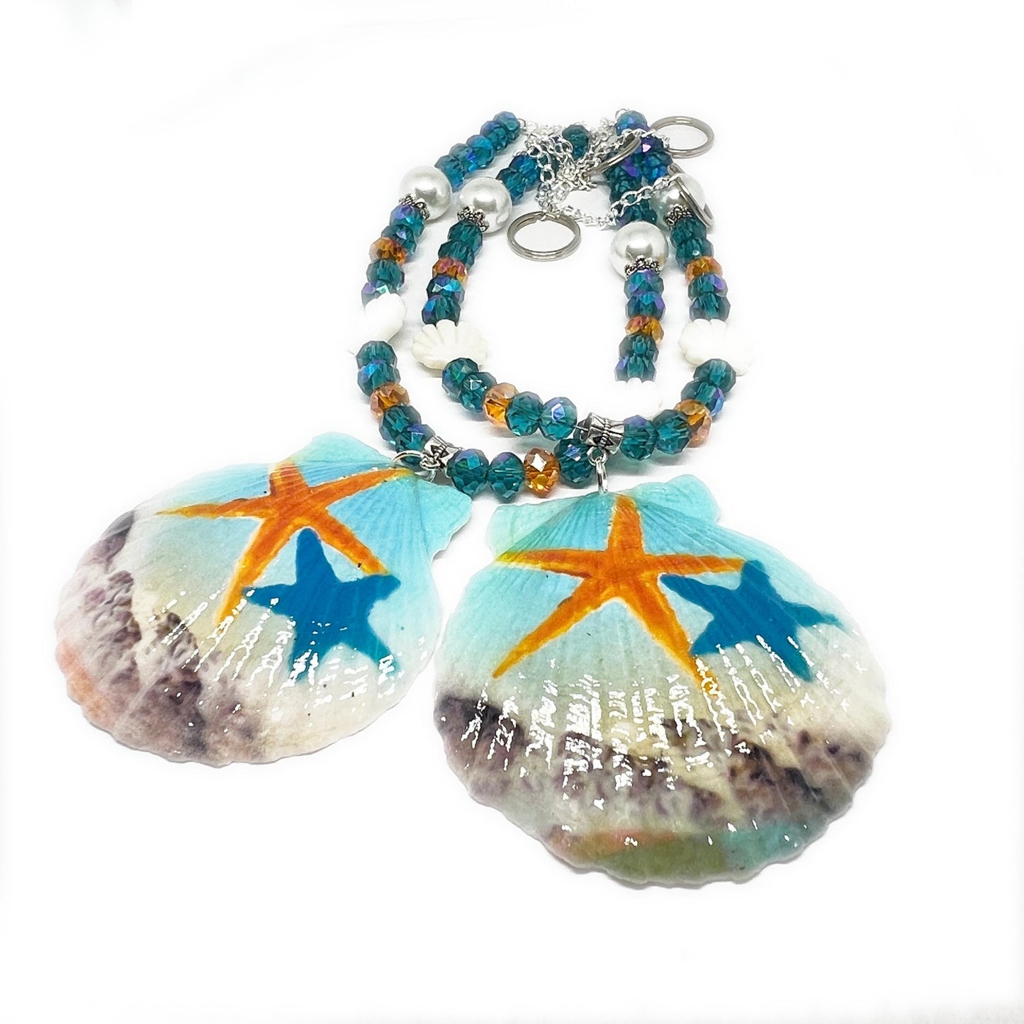 Sea Shell Curtain Tiebacks – Hand-Painted Shell Beaded Coastal Home Decor, Handmade Set of 2