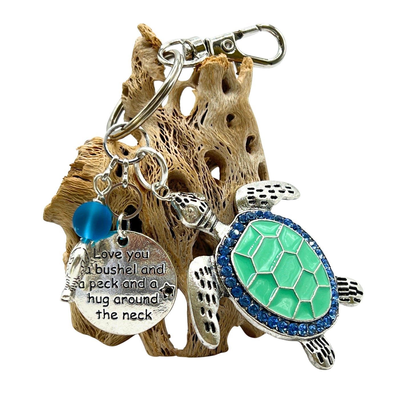 Sea Turtle Keychain with Love Quote Charm – Enamel Ocean Purse Charm & Nautical Keyring Gift