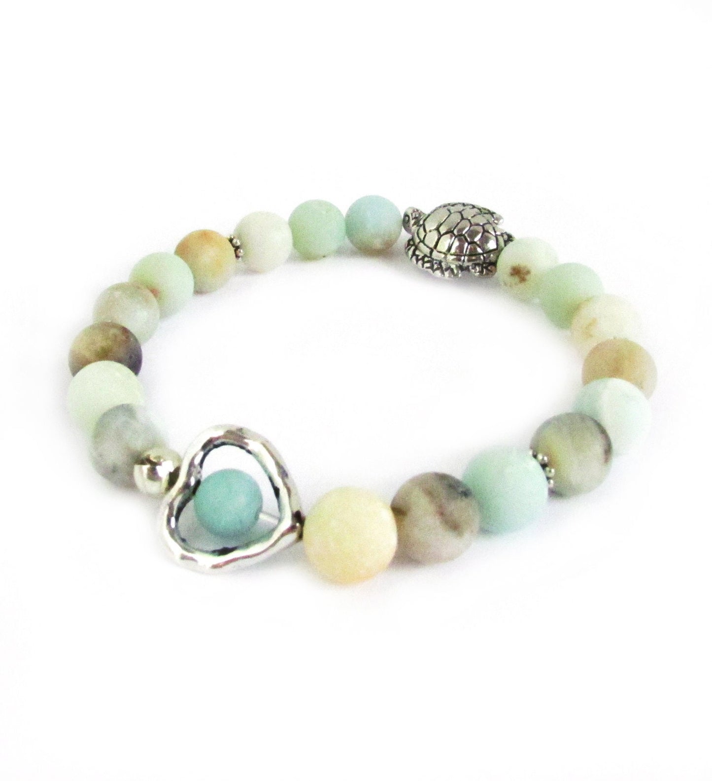 Sea Turtle Charm Bracelet – Amazonite Stone & Heart Bead, Handmade Coastal Jewelry Gift